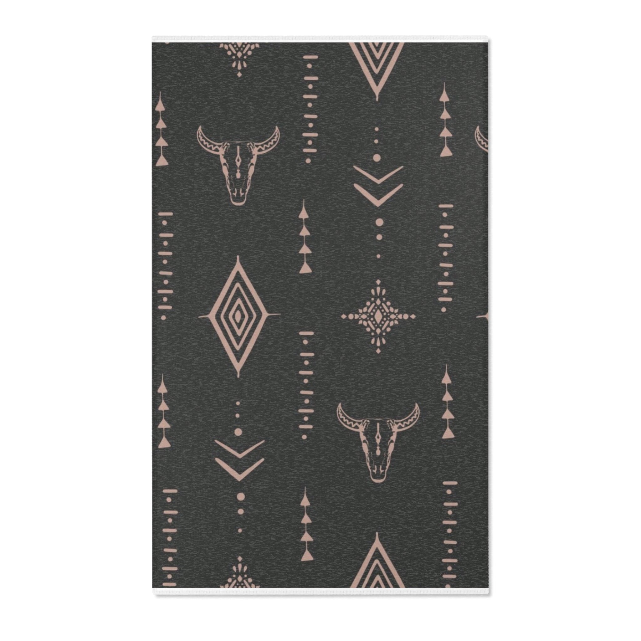 Southwestern Bull Skull Area Rug — Tribal Geometric Accent Rug for Living Room & Bedroom