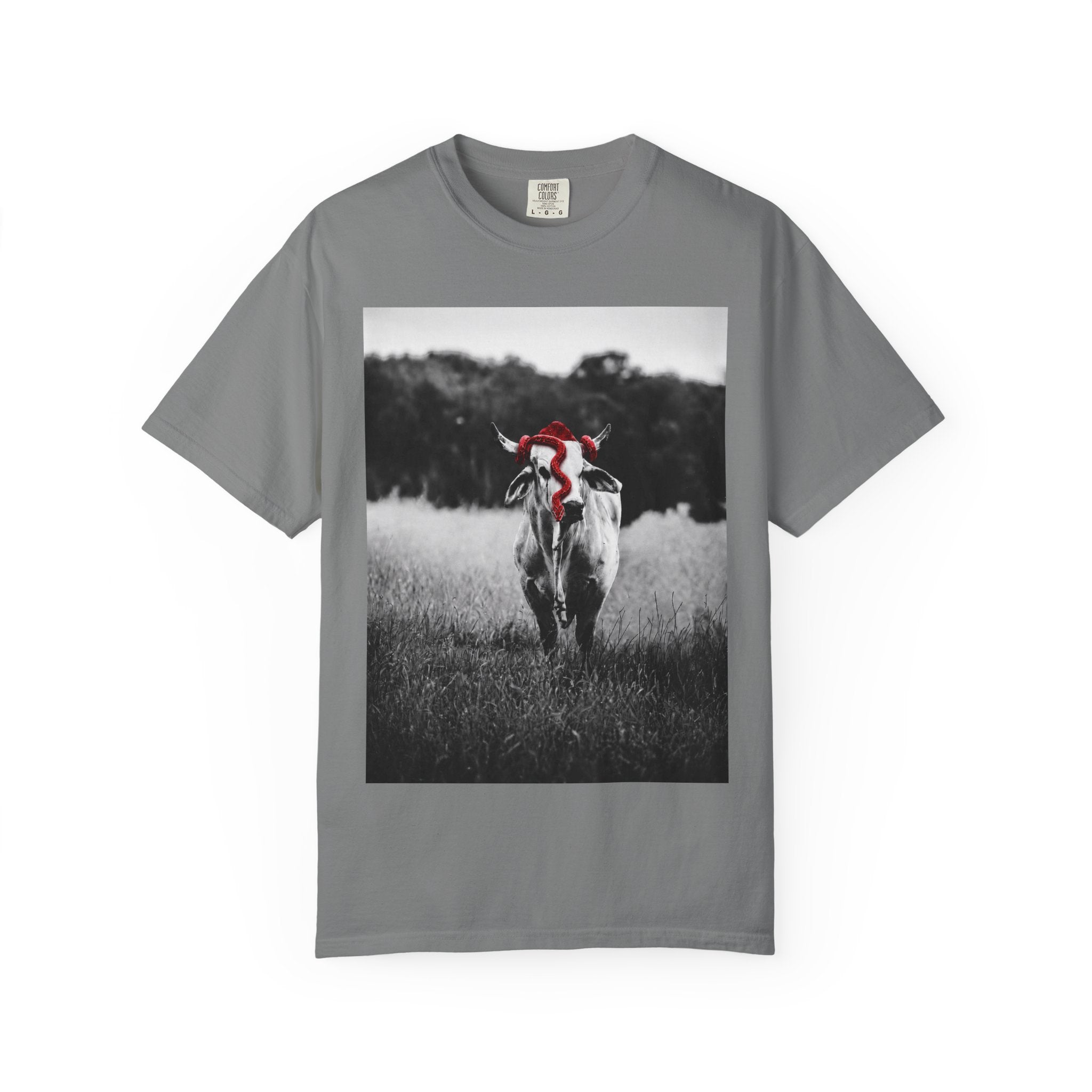 Cow Portrait T-Shirt — Black & White Grazing Cow Photo with Red Bandana