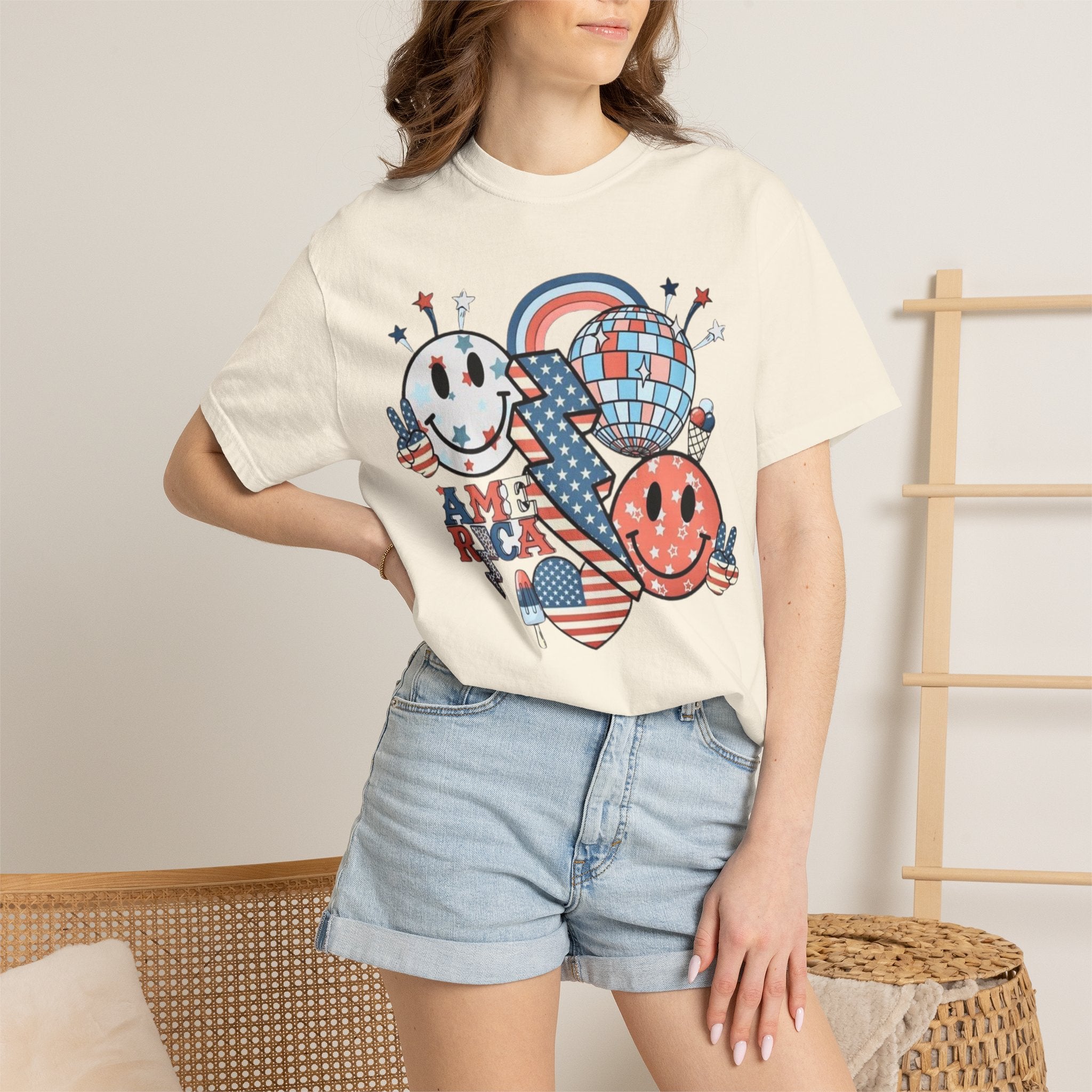 Patriotic Smiley Graphic T-Shirt — "America" Retro Red White Blue Tee