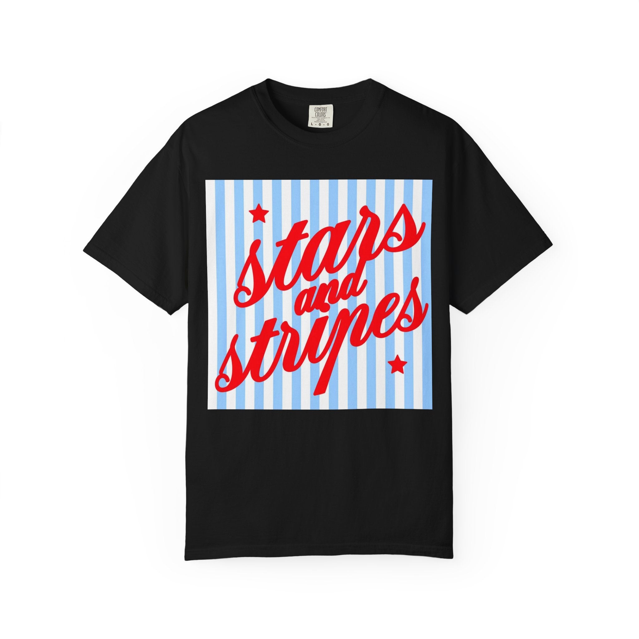 Stars and Stripes T-Shirt — Retro Red Script on Blue Stripe Graphic Tee