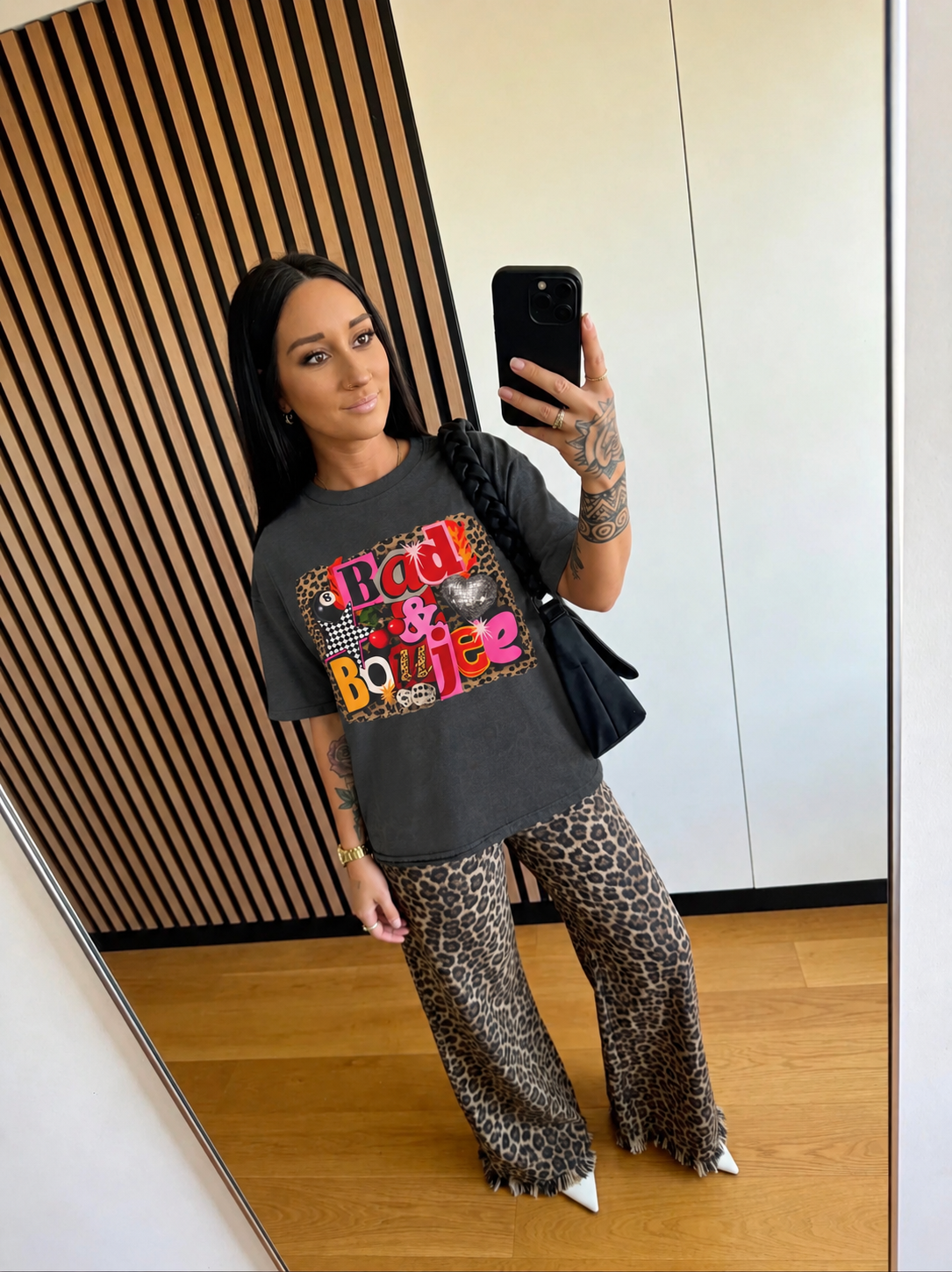 Bad & Boujee Graphic T-Shirt — Retro Leopard Patchwork Streetwear