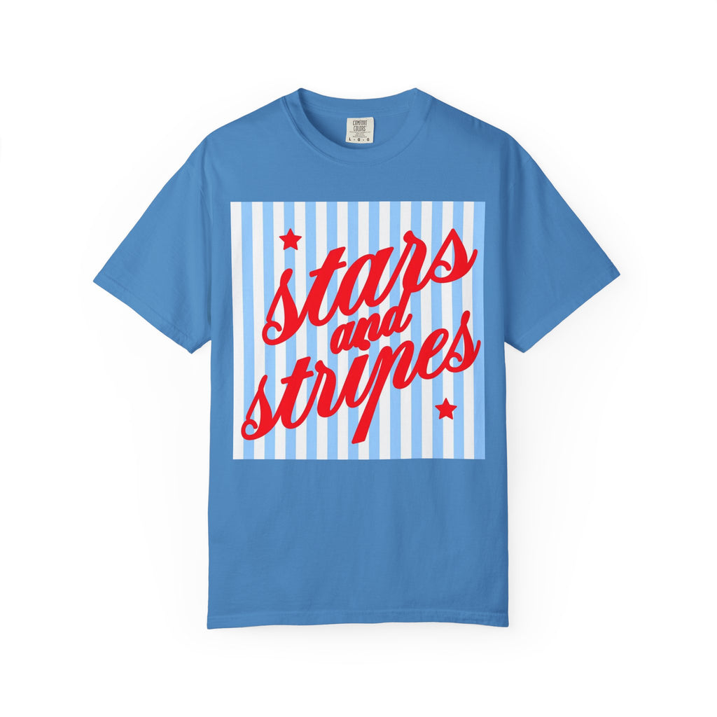 Stars and Stripes T-Shirt — Retro Red Script on Blue Stripe Graphic Tee