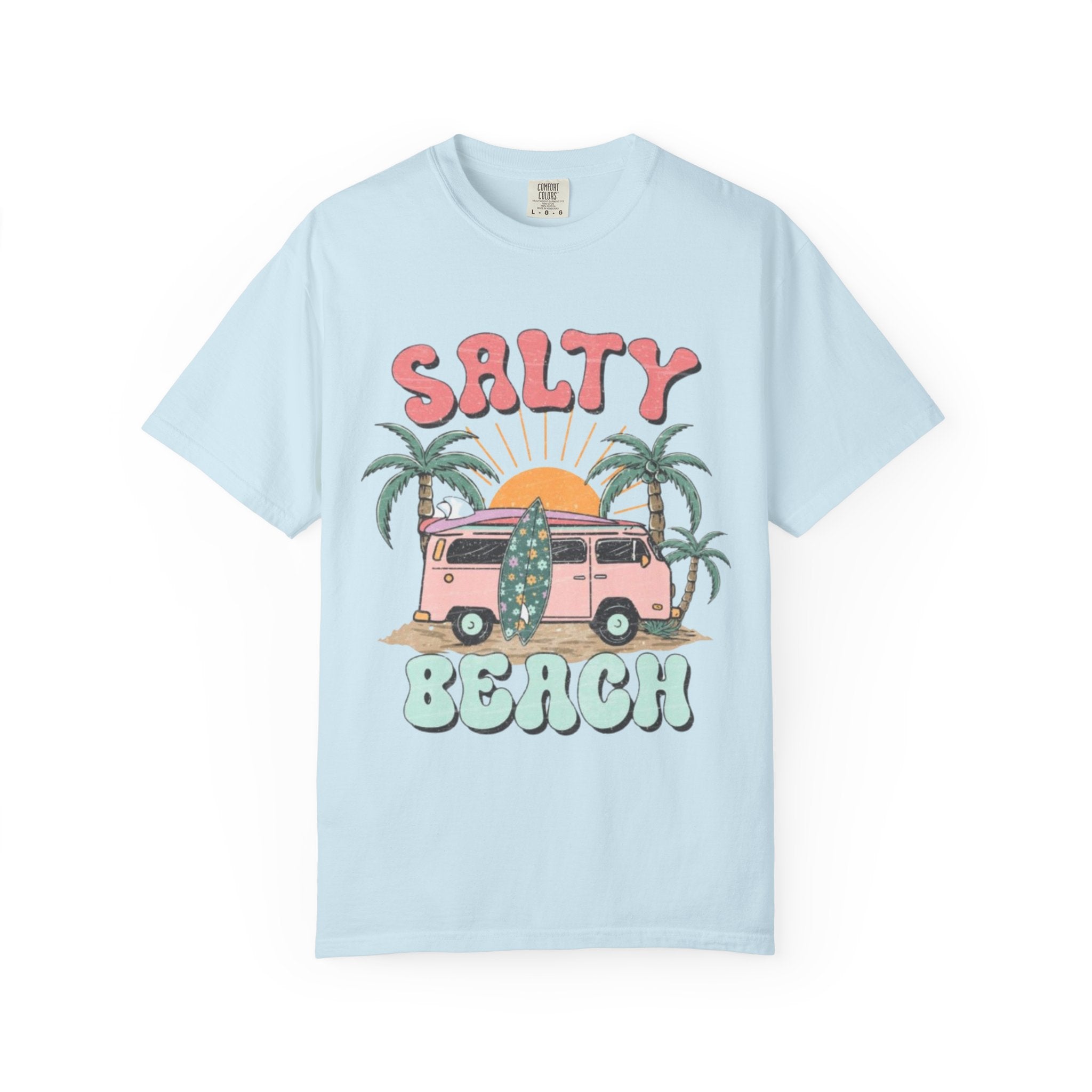 Salty Beach Surf Van T-Shirt — Retro Palm Tree Surfboard Graphic