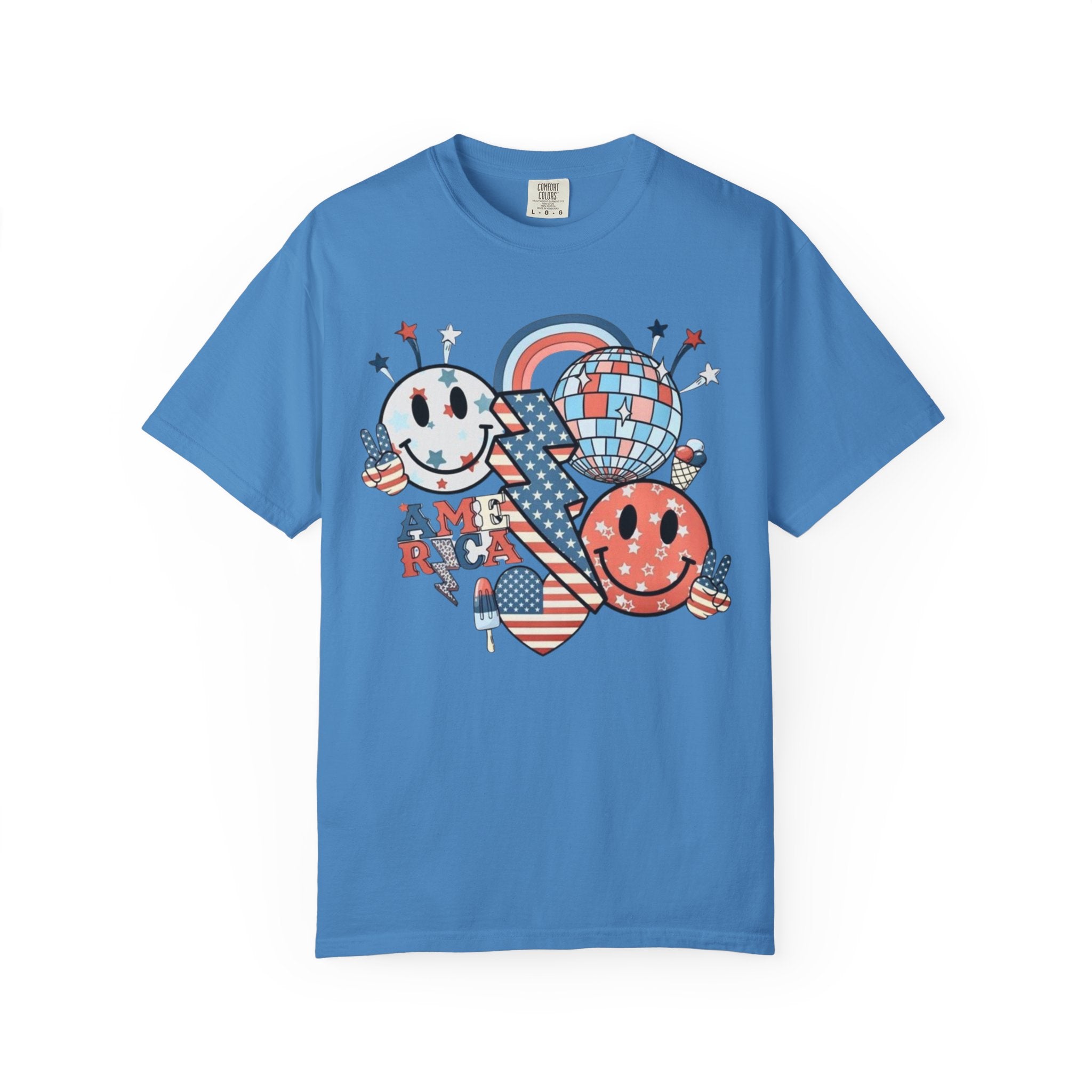 Patriotic Smiley Graphic T-Shirt — "America" Retro Red White Blue Tee