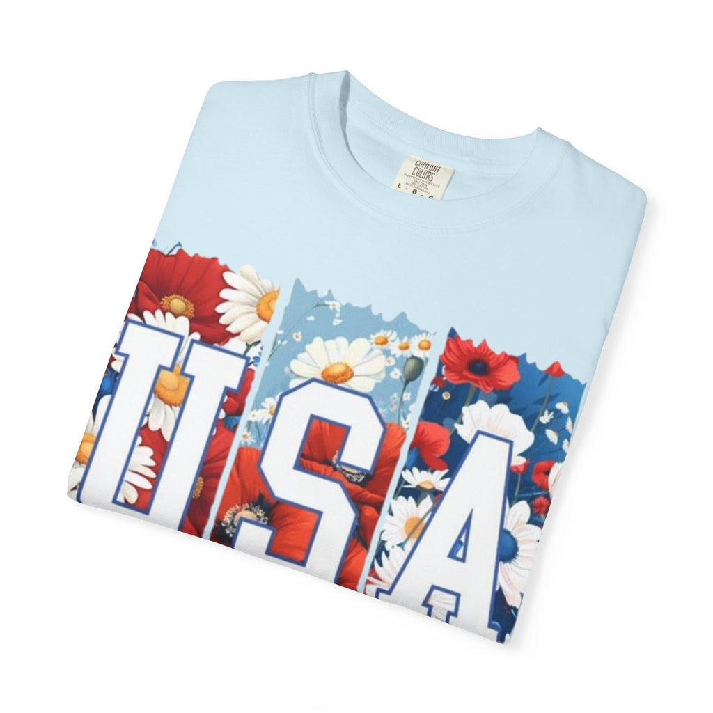 USA Floral T-Shirt — Patriotic Red White Blue Flower Graphic Tee