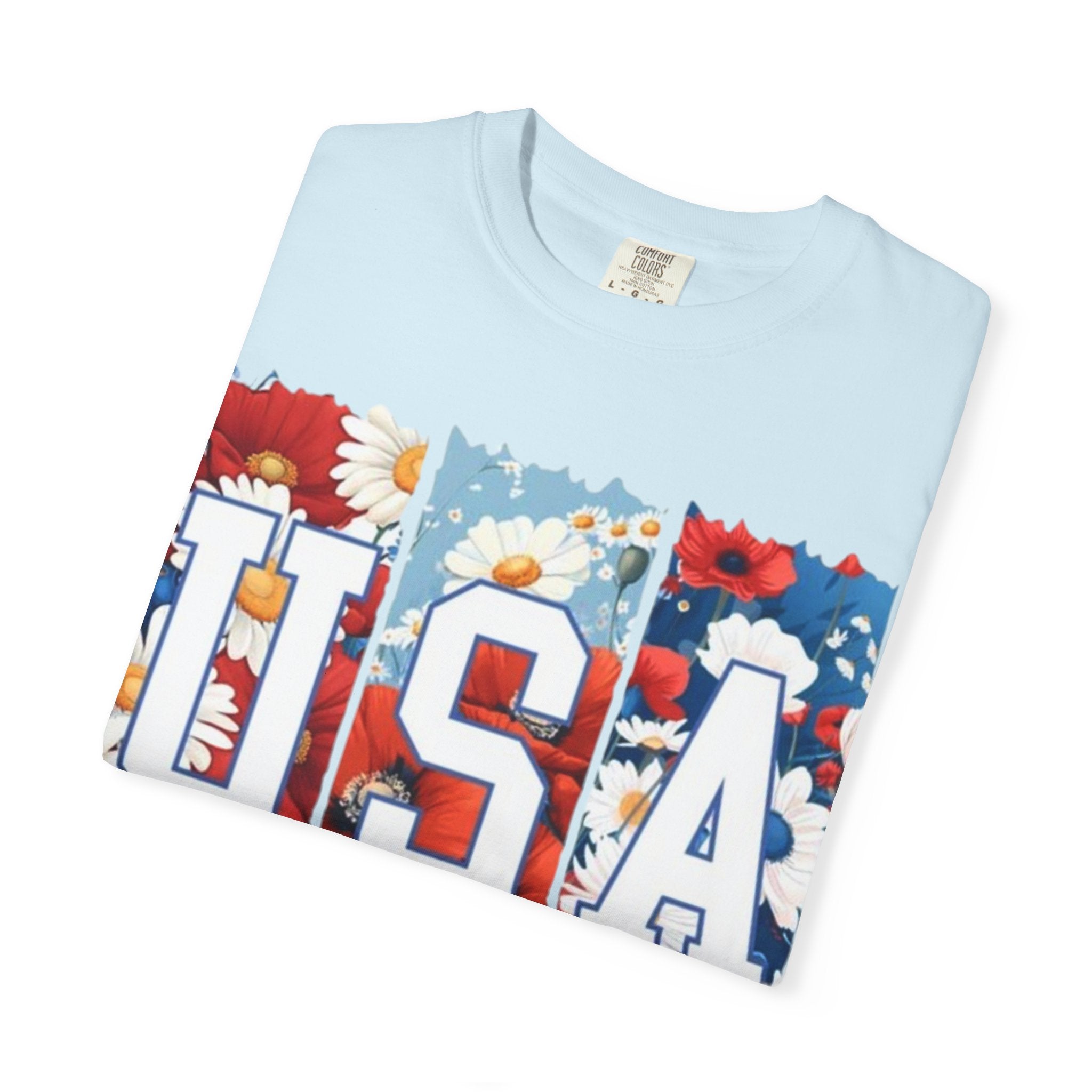 USA Floral T-Shirt — Patriotic Red White Blue Flower Graphic Tee