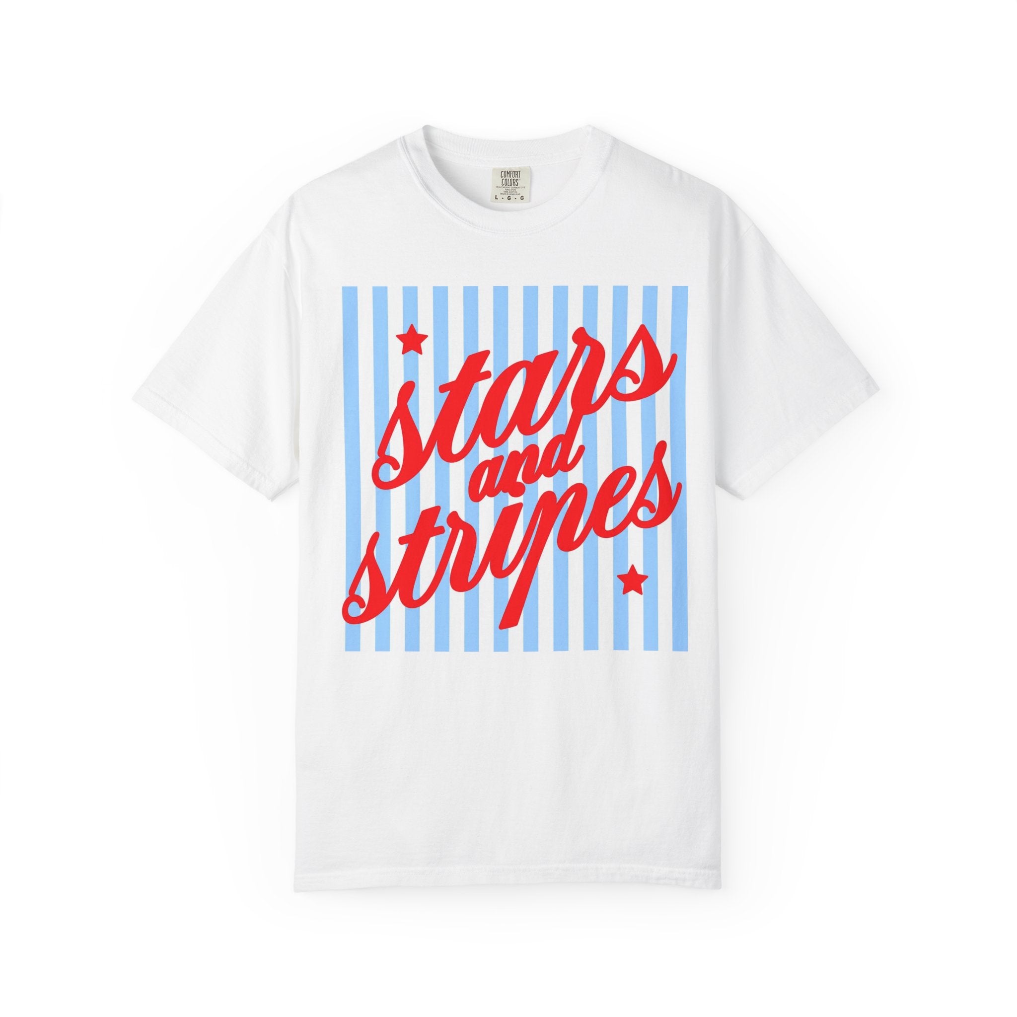 Stars and Stripes T-Shirt — Retro Red Script on Blue Stripe Graphic Tee