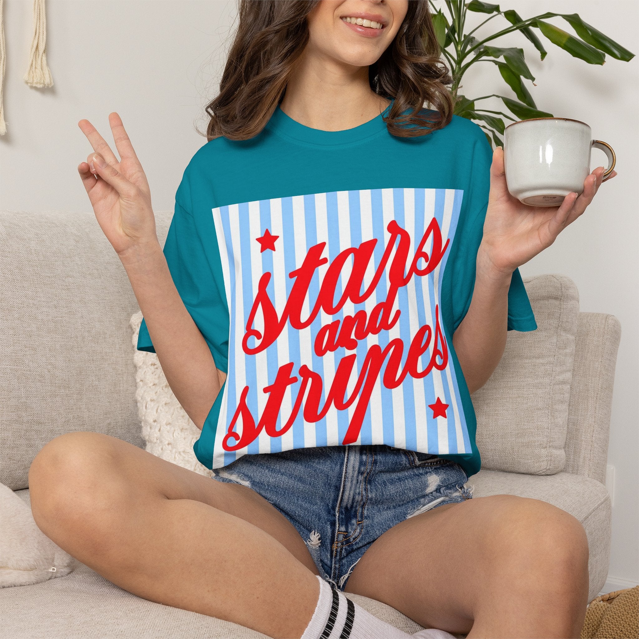 Stars and Stripes T-Shirt — Retro Red Script on Blue Stripe Graphic Tee