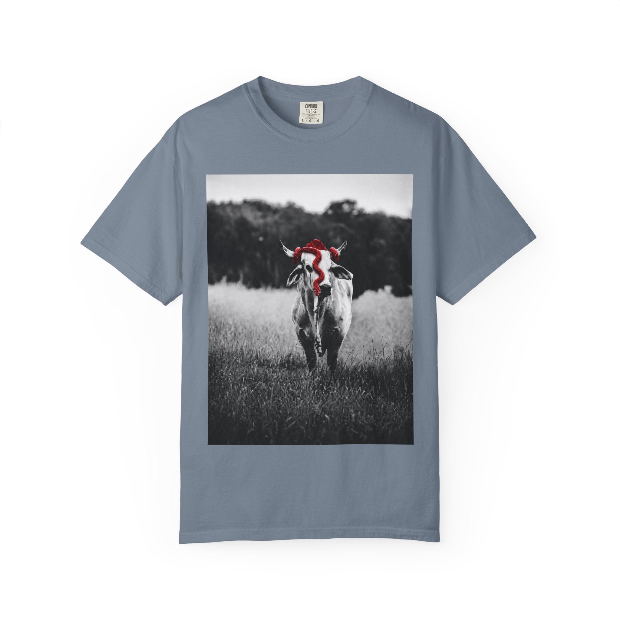 Cow Portrait T-Shirt — Black & White Grazing Cow Photo with Red Bandana