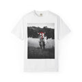 Cow Portrait T-Shirt — Black & White Grazing Cow Photo with Red Bandana