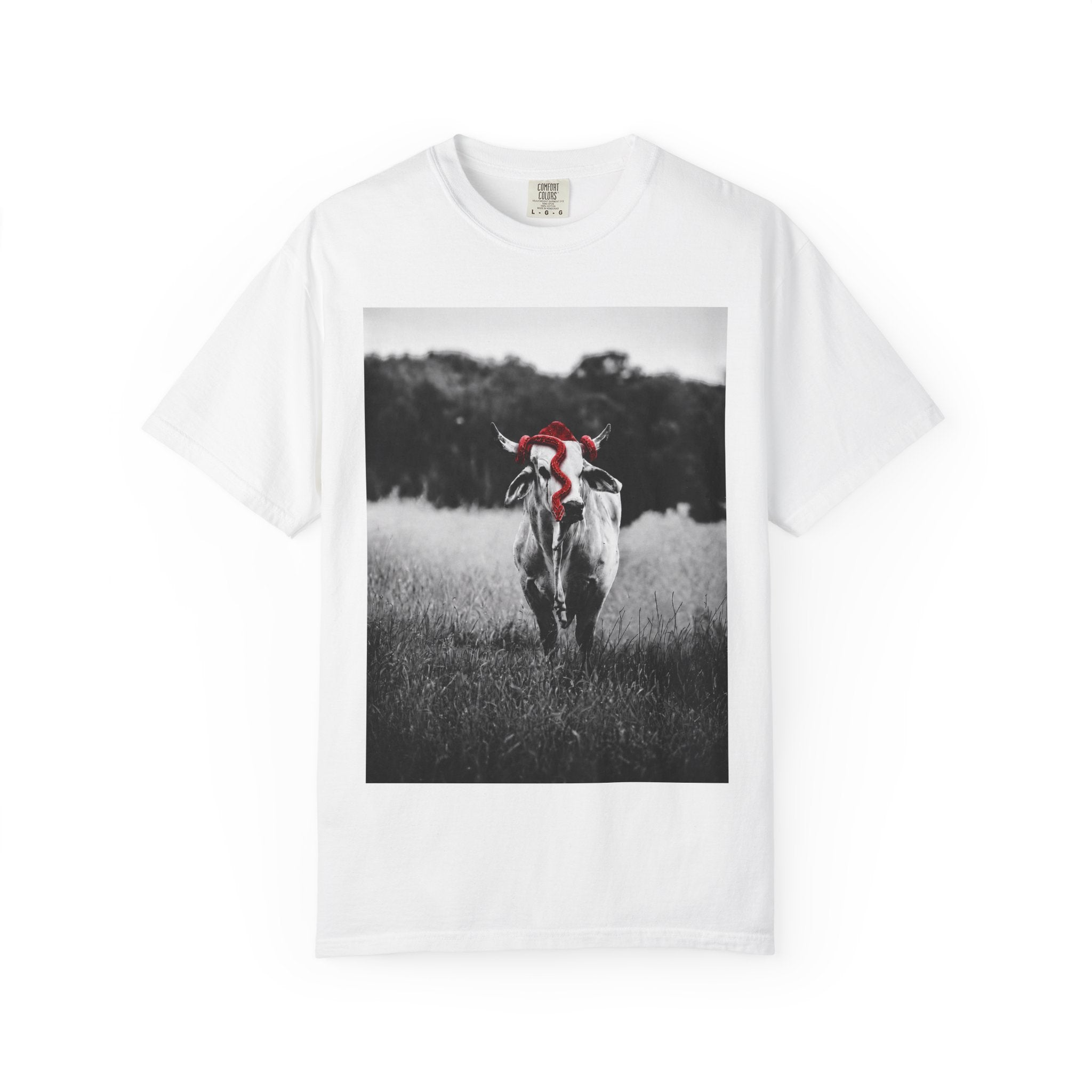 Cow Portrait T-Shirt — Black & White Grazing Cow Photo with Red Bandana