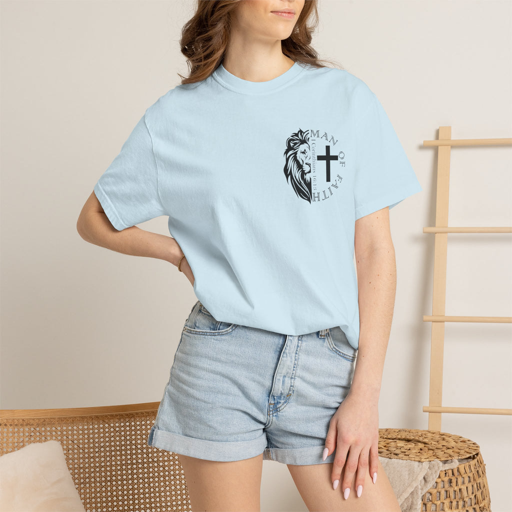 T-Shirt — "Man of Faith" Lion & Cross Christian Graphic Tee