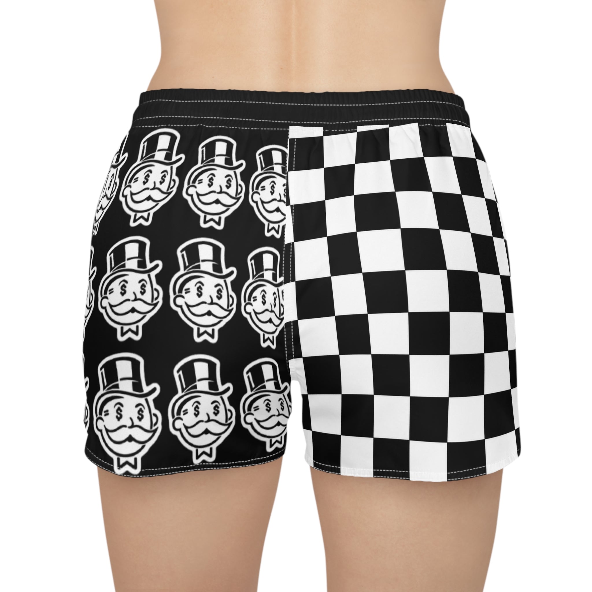 Checkerboard Monopoly Face Women's Casual Shorts — Retro Black & White AOP