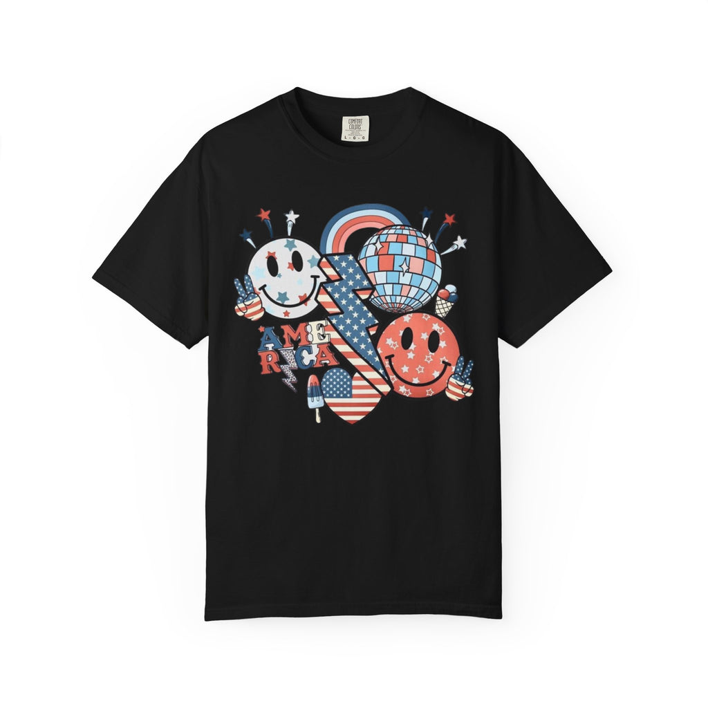 Patriotic Smiley Graphic T-Shirt — "America" Retro Red White Blue Tee