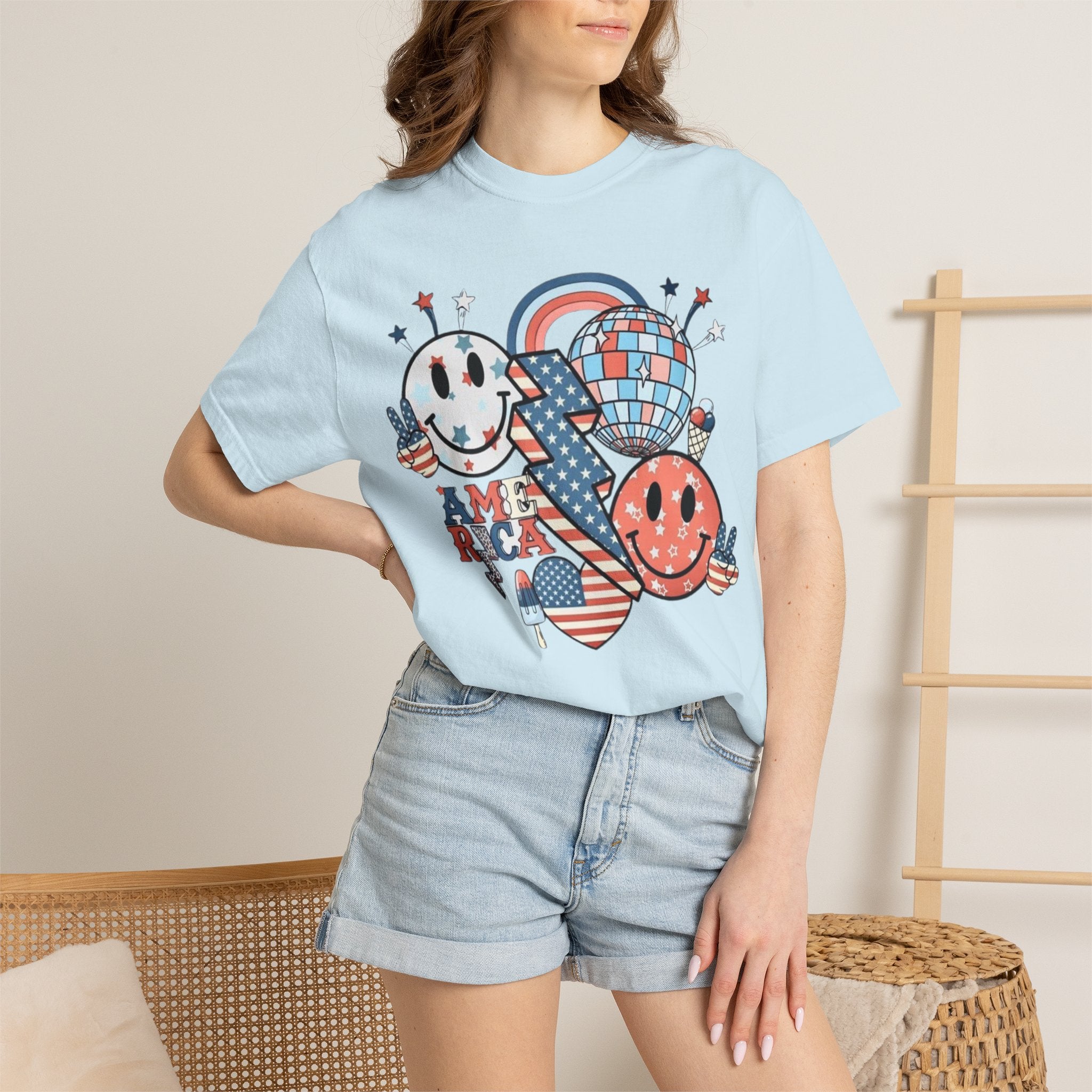 Patriotic Smiley Graphic T-Shirt — "America" Retro Red White Blue Tee