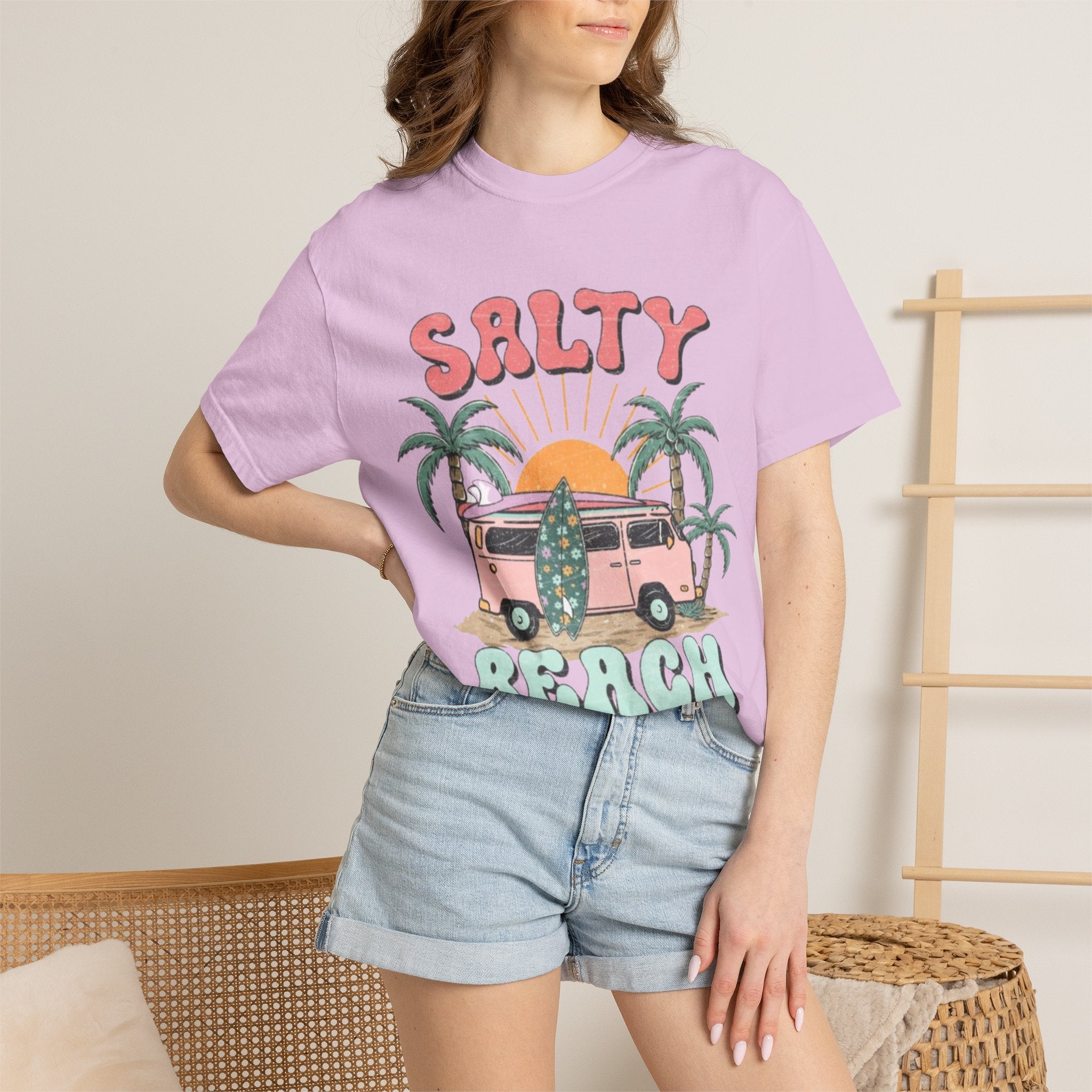 Salty Beach Surf Van T-Shirt — Retro Palm Tree Surfboard Graphic