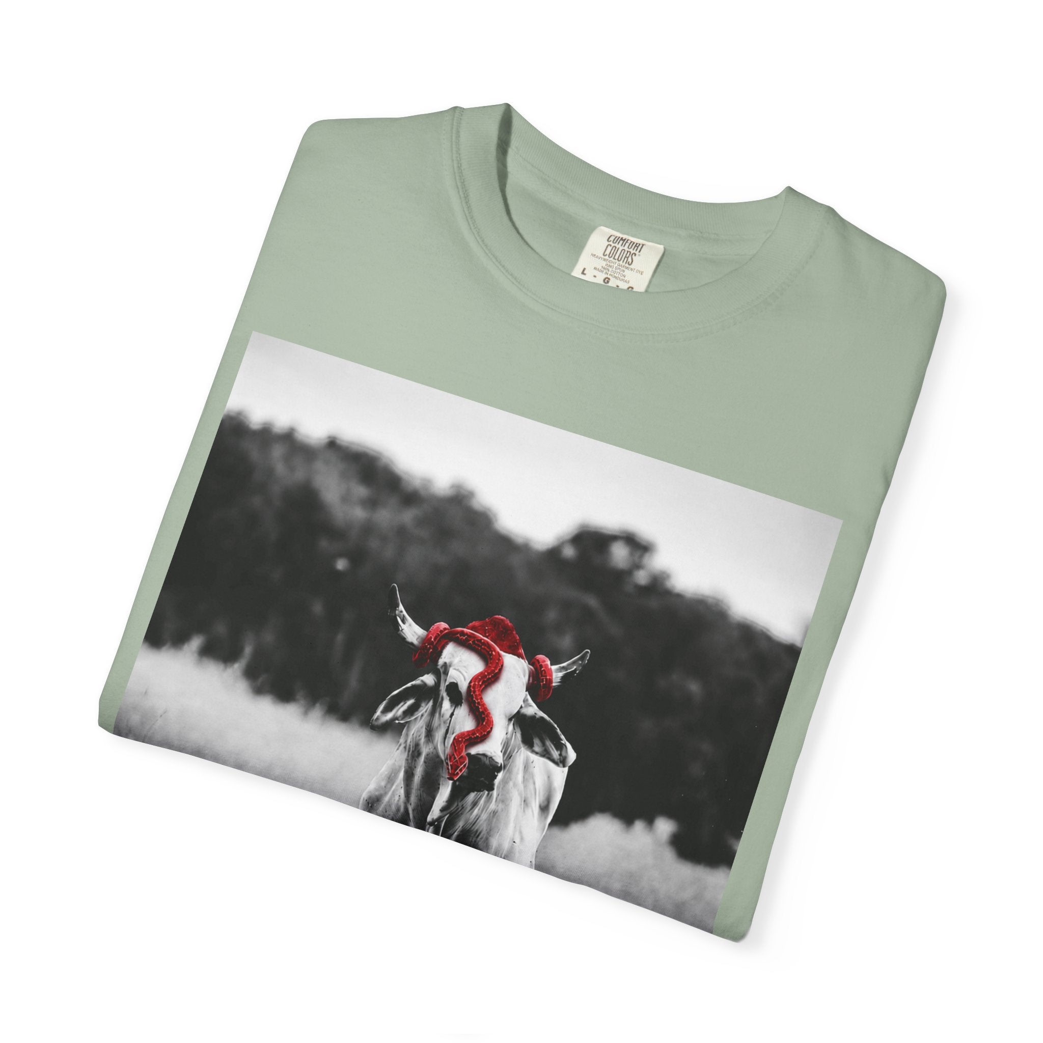 Cow Portrait T-Shirt — Black & White Grazing Cow Photo with Red Bandana