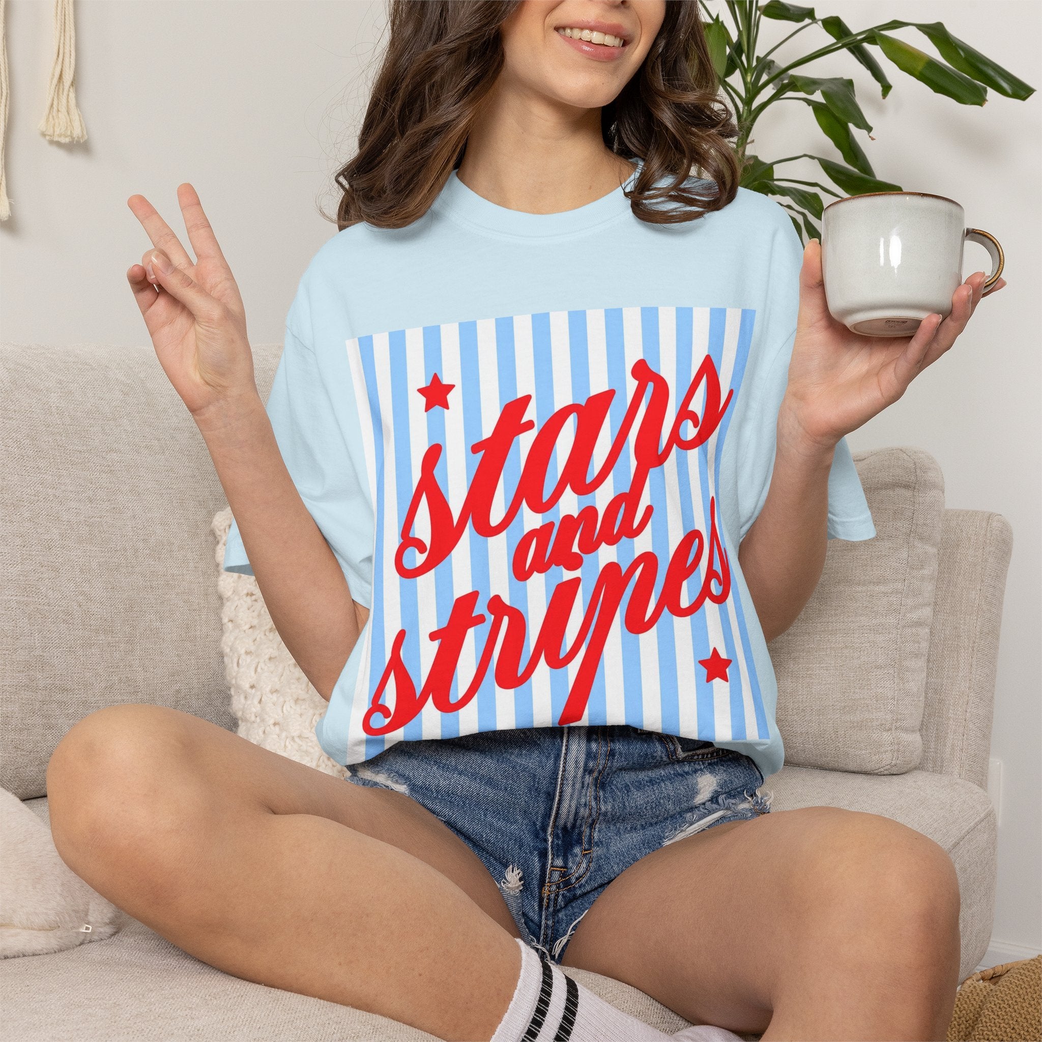 Stars and Stripes T-Shirt — Retro Red Script on Blue Stripe Graphic Tee
