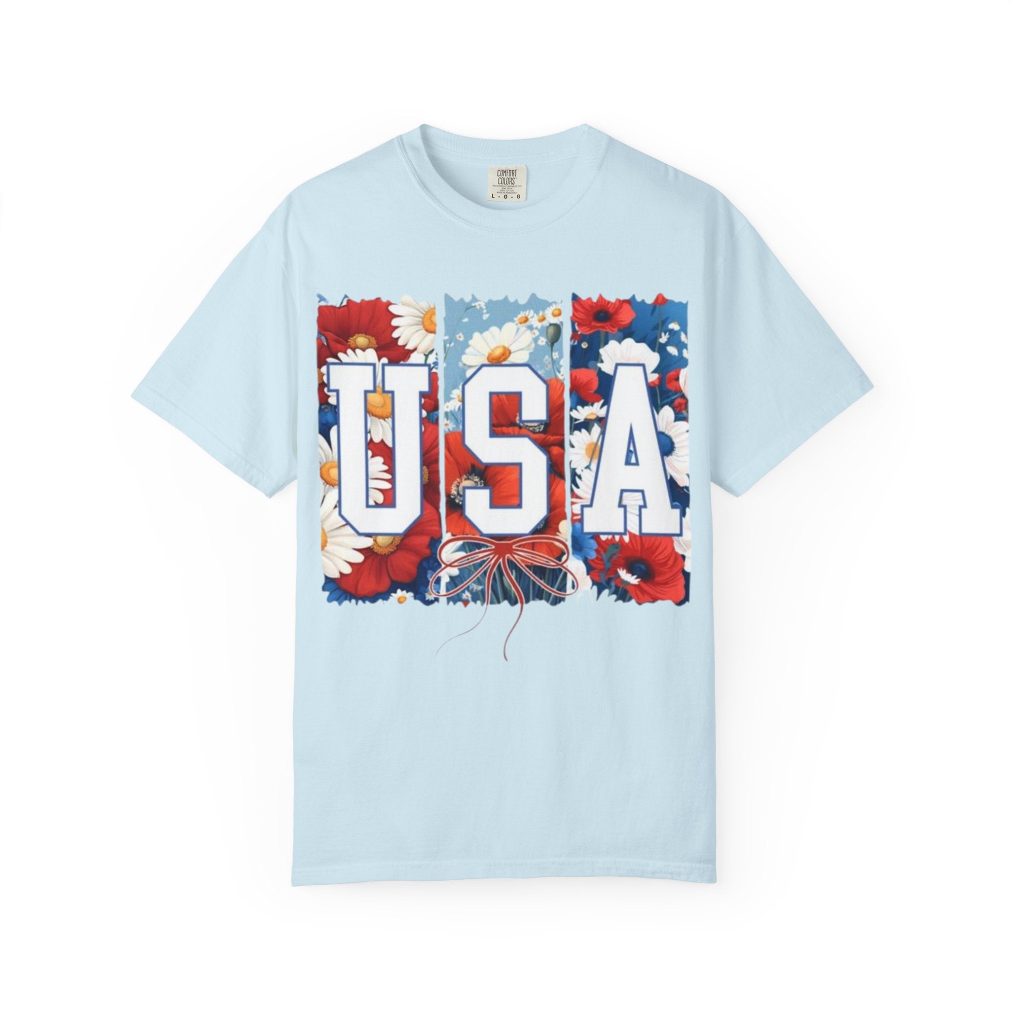 USA Floral T-Shirt — Patriotic Red White Blue Flower Graphic Tee
