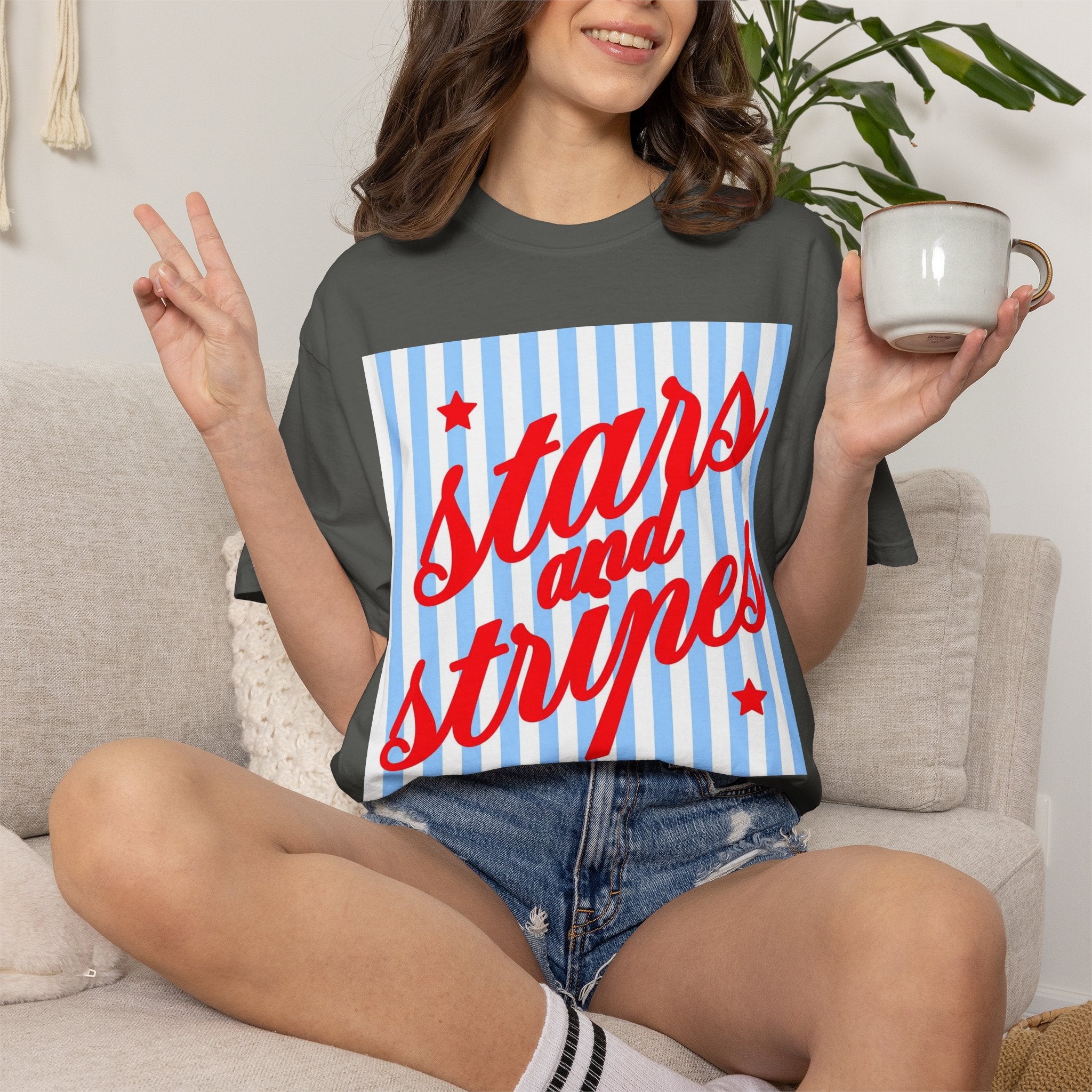Stars and Stripes T-Shirt — Retro Red Script on Blue Stripe Graphic Tee