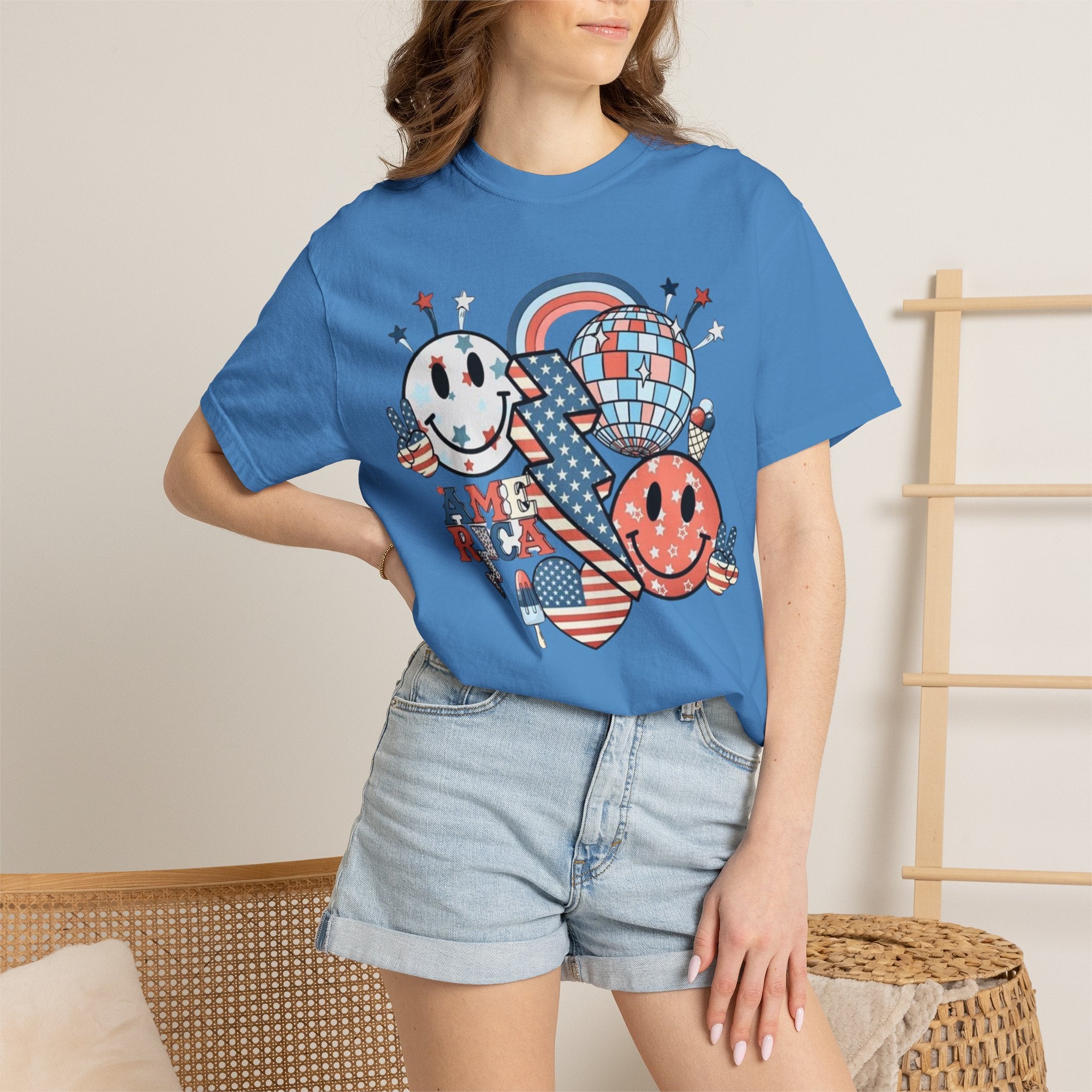 Patriotic Smiley Graphic T-Shirt — "America" Retro Red White Blue Tee