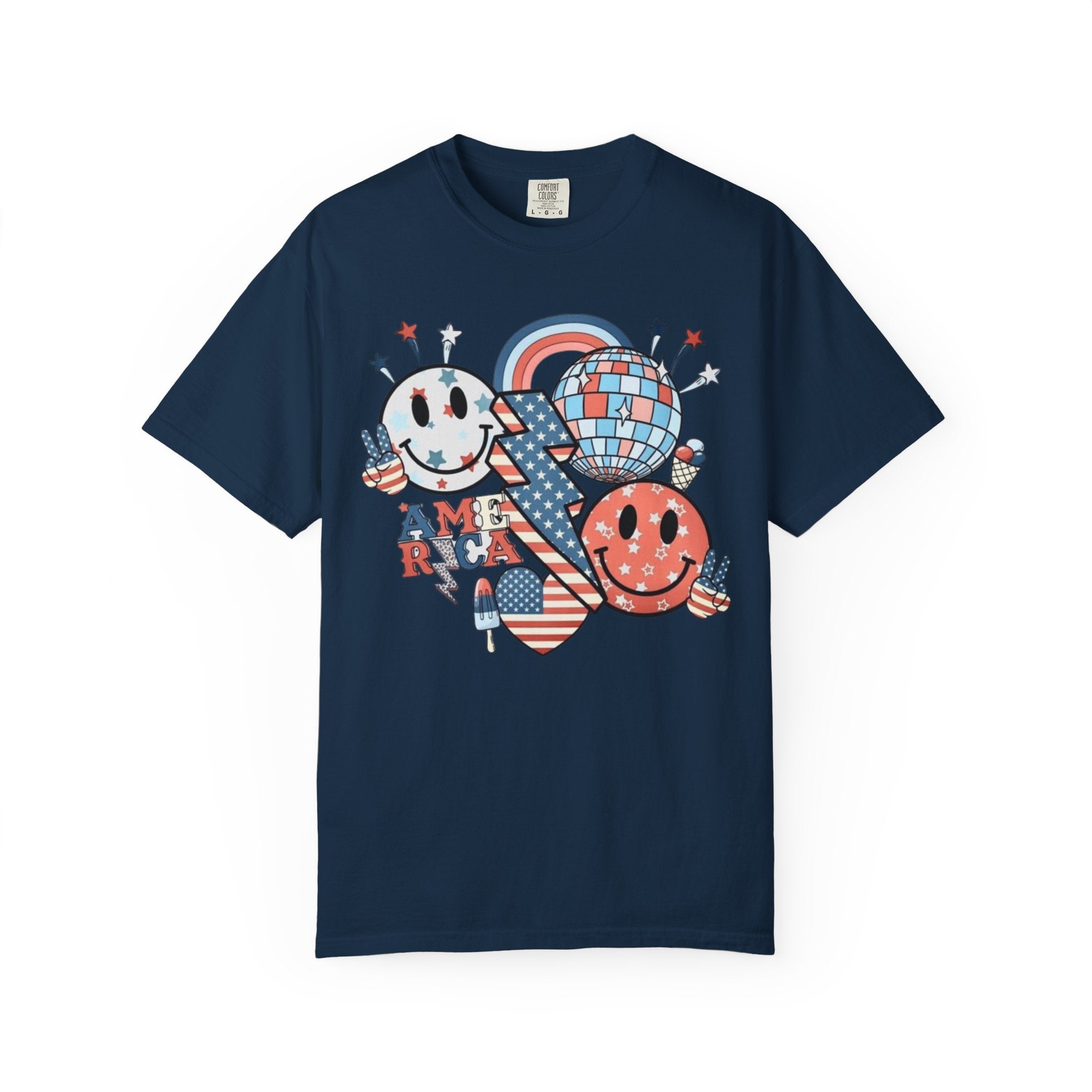 Patriotic Smiley Graphic T-Shirt — "America" Retro Red White Blue Tee