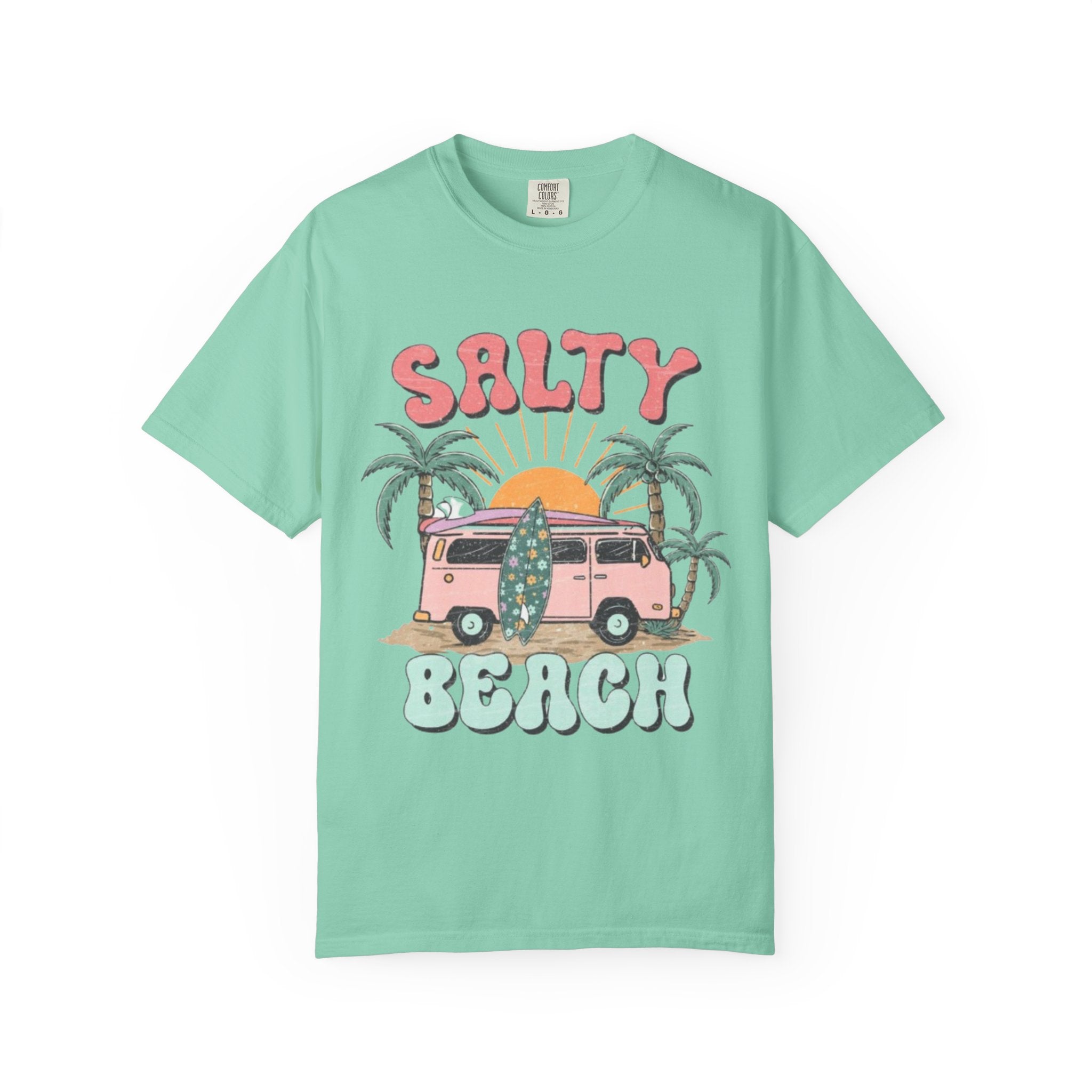 Salty Beach Surf Van T-Shirt — Retro Palm Tree Surfboard Graphic