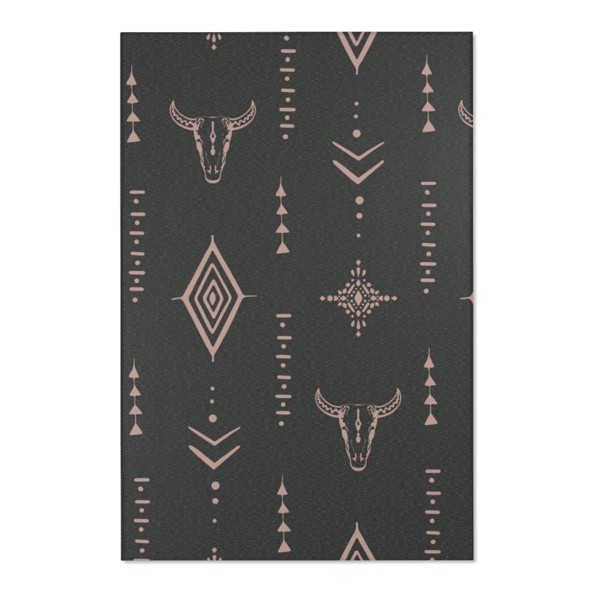 Southwestern Bull Skull Area Rug — Tribal Geometric Accent Rug for Living Room & Bedroom