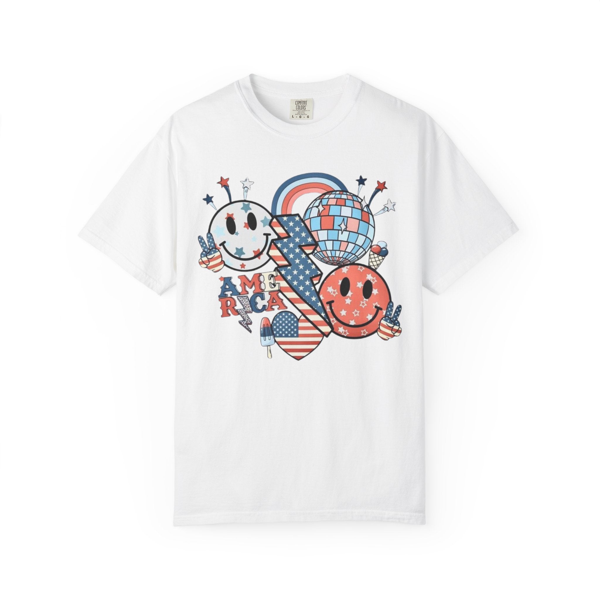 Patriotic Smiley Graphic T-Shirt — "America" Retro Red White Blue Tee