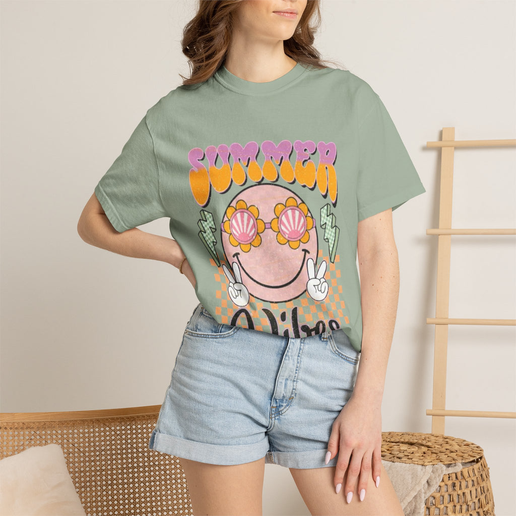 Summer Vibes Graphic T-Shirt — Retro Smiley Seashell Sunglasses Tee