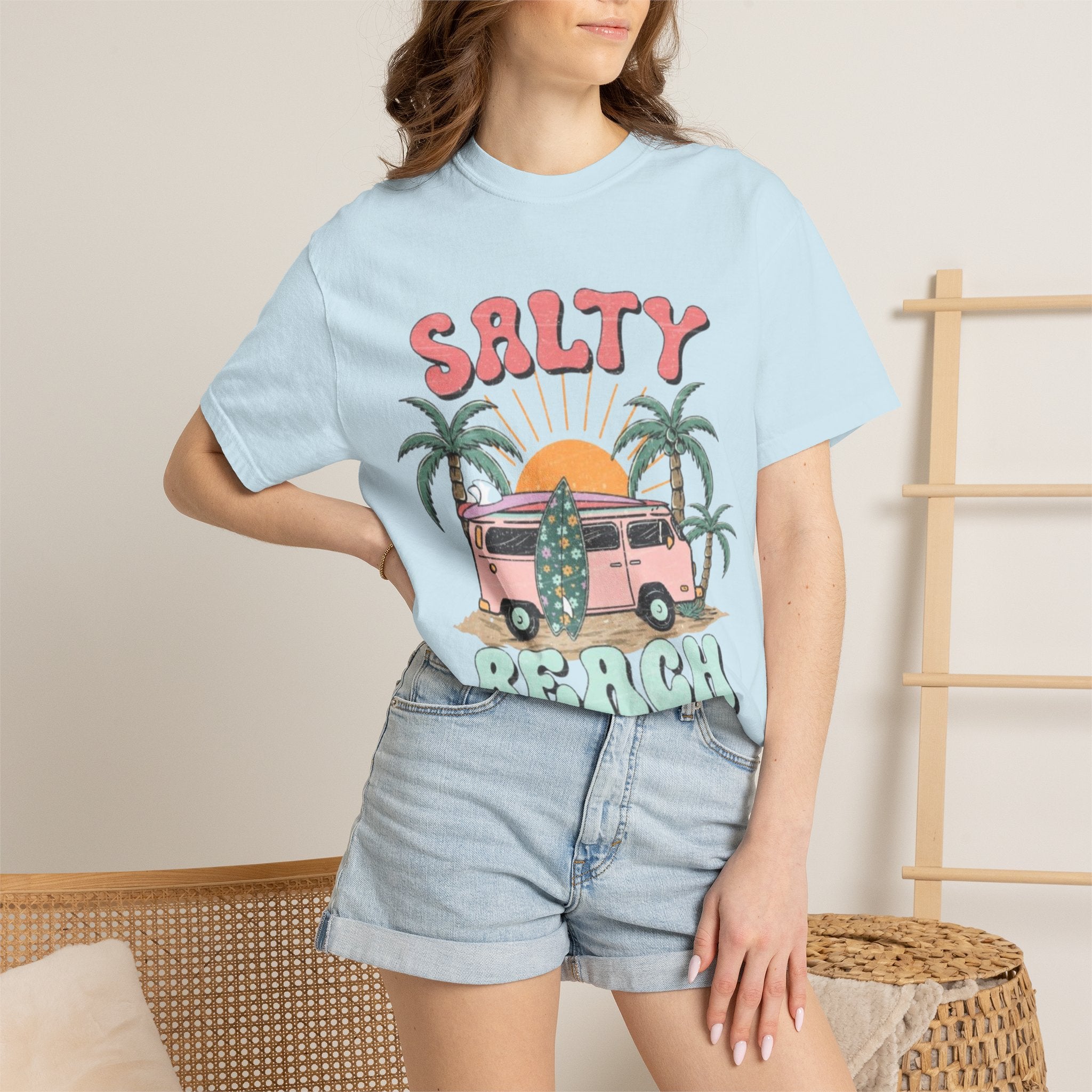 Salty Beach Surf Van T-Shirt — Retro Palm Tree Surfboard Graphic