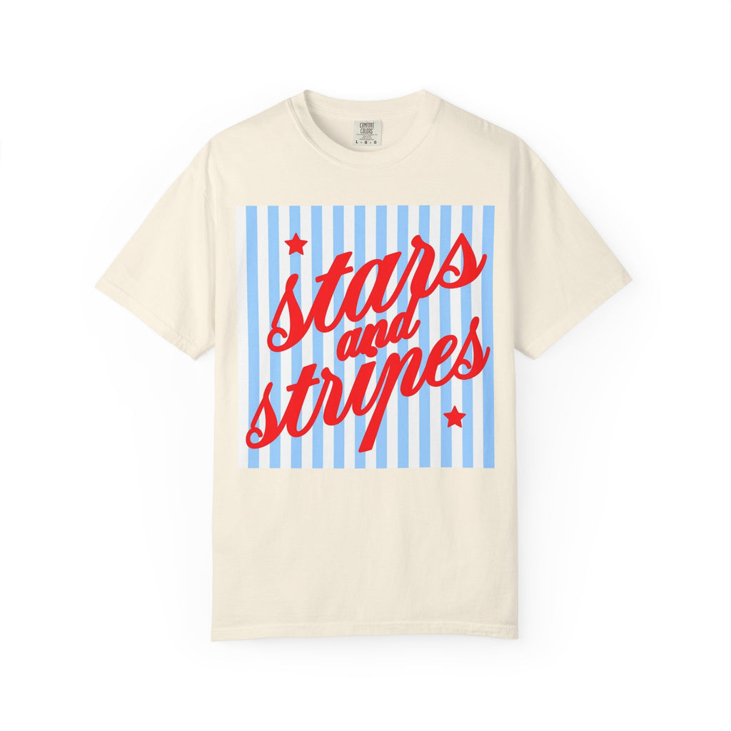 Stars and Stripes T-Shirt — Retro Red Script on Blue Stripe Graphic Tee