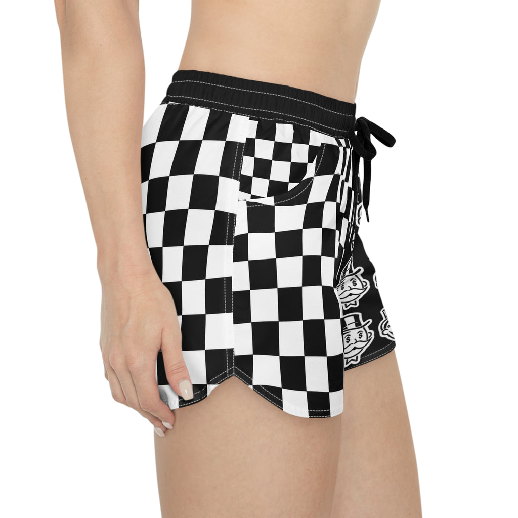 Checkerboard Monopoly Face Women's Casual Shorts — Retro Black & White AOP