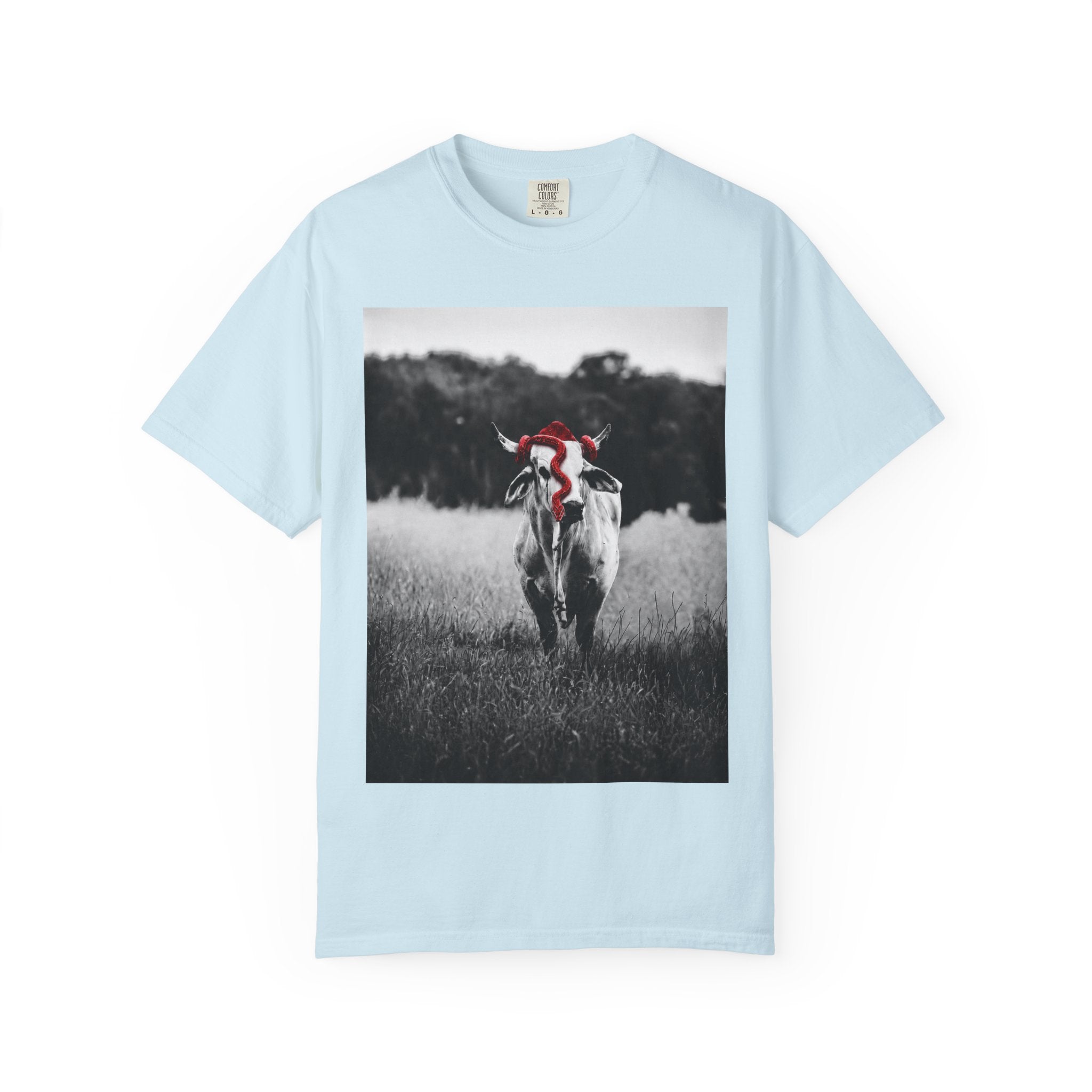 Cow Portrait T-Shirt — Black & White Grazing Cow Photo with Red Bandana