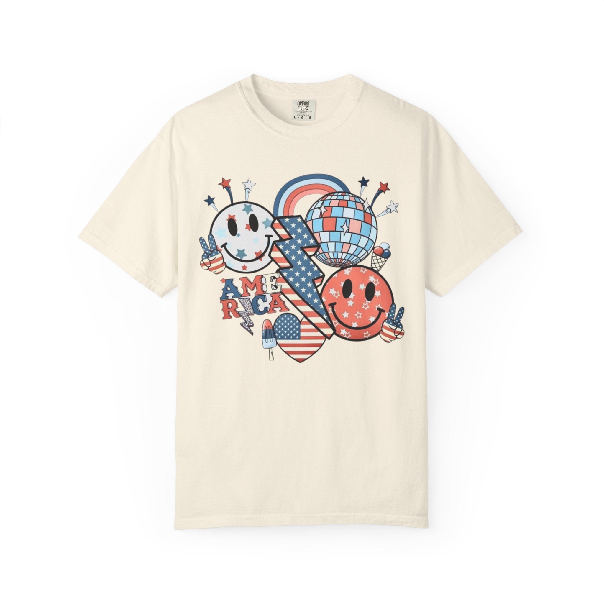 Patriotic Smiley Graphic T-Shirt — "America" Retro Red White Blue Tee