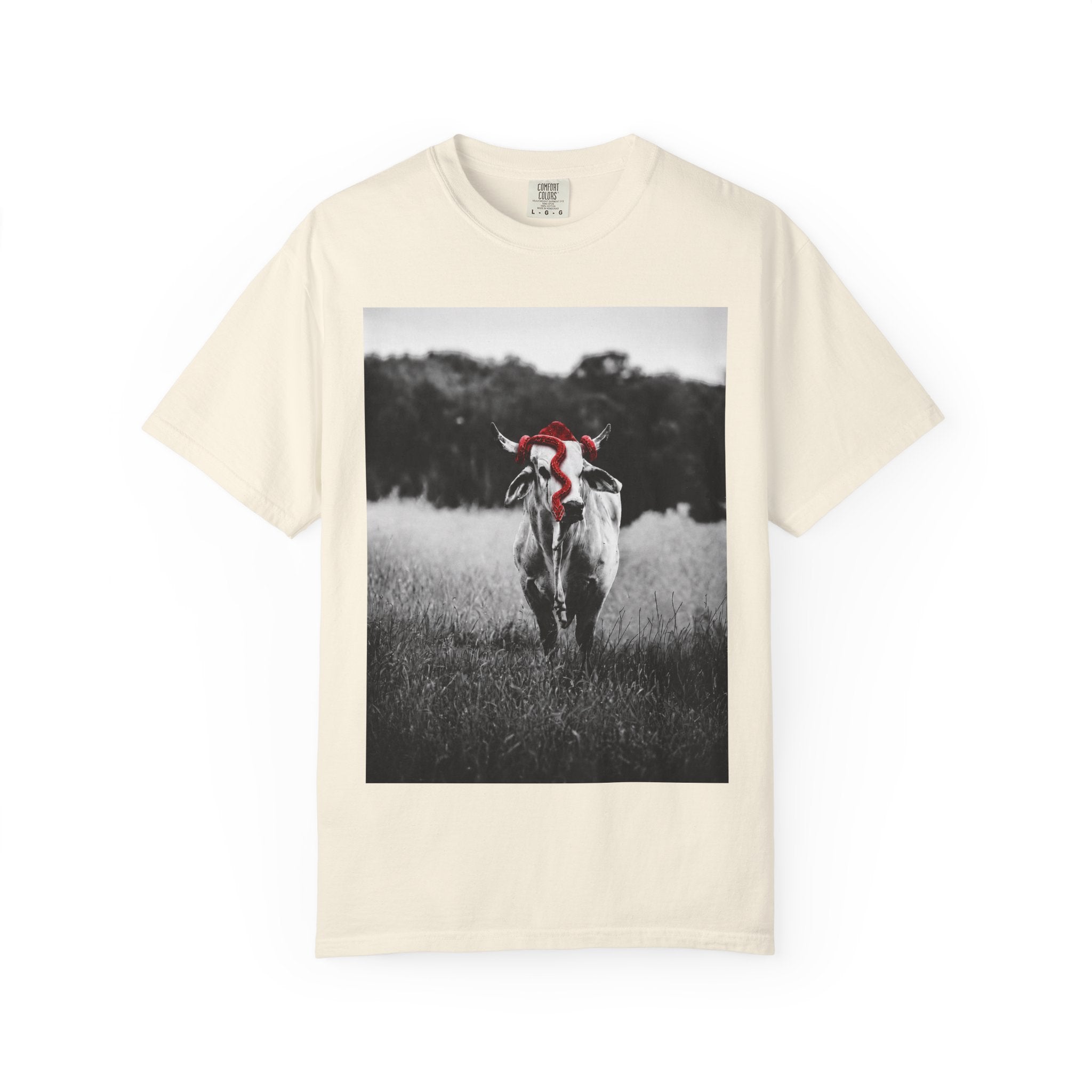 Cow Portrait T-Shirt — Black & White Grazing Cow Photo with Red Bandana