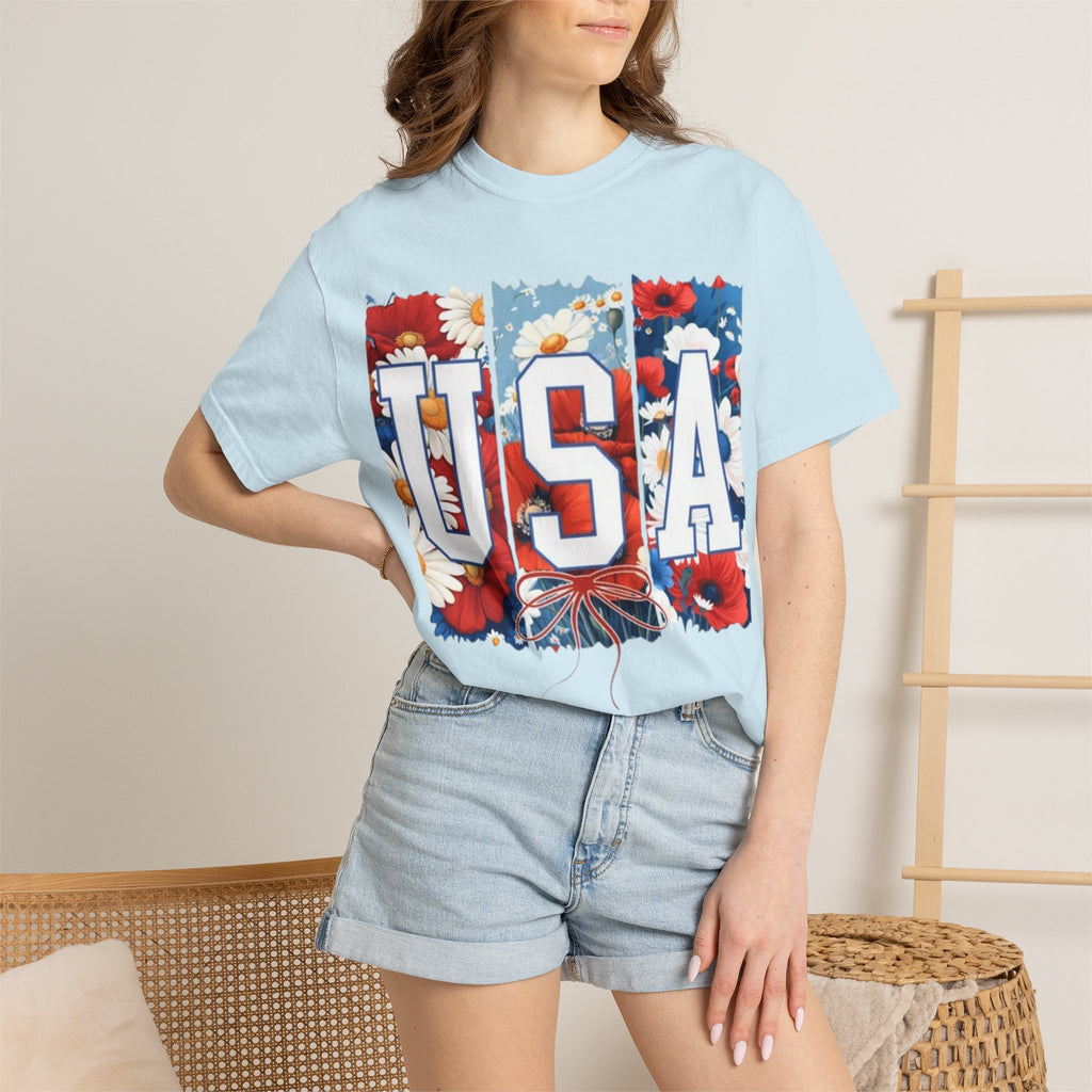 USA Floral T-Shirt — Patriotic Red White Blue Flower Graphic Tee