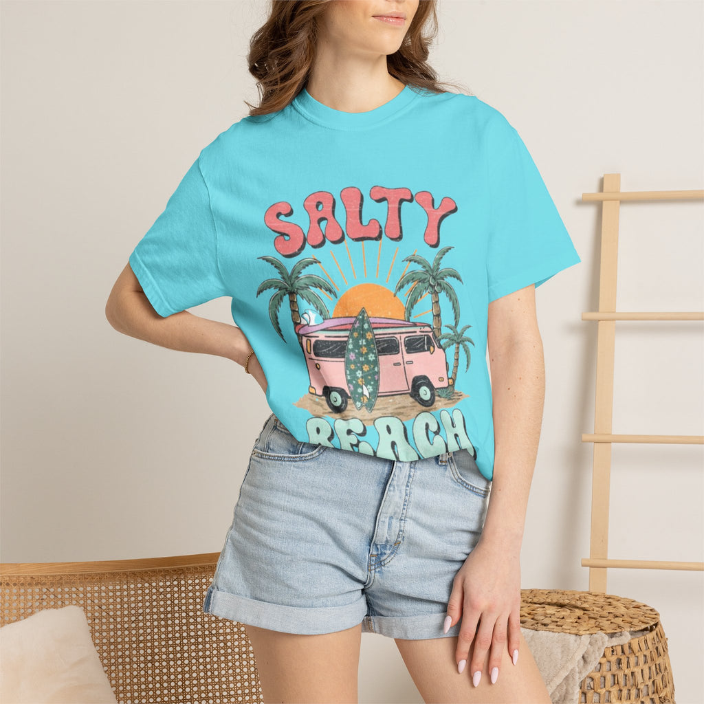 Salty Beach Surf Van T-Shirt — Retro Palm Tree Surfboard Graphic