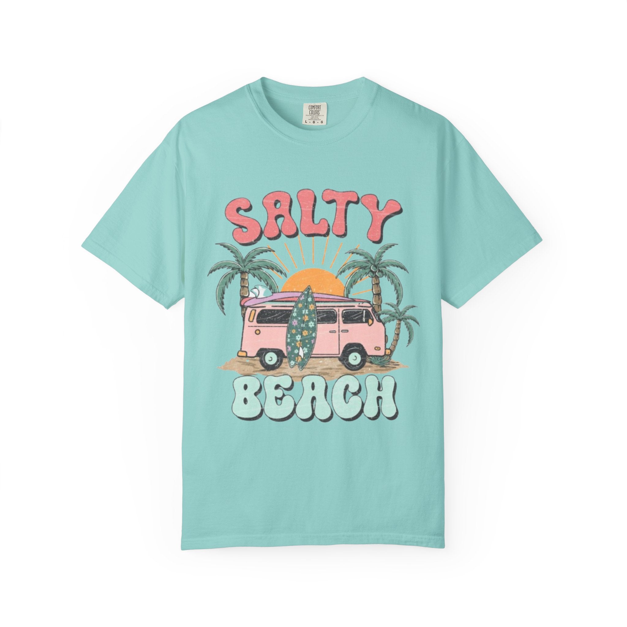 Salty Beach Surf Van T-Shirt — Retro Palm Tree Surfboard Graphic