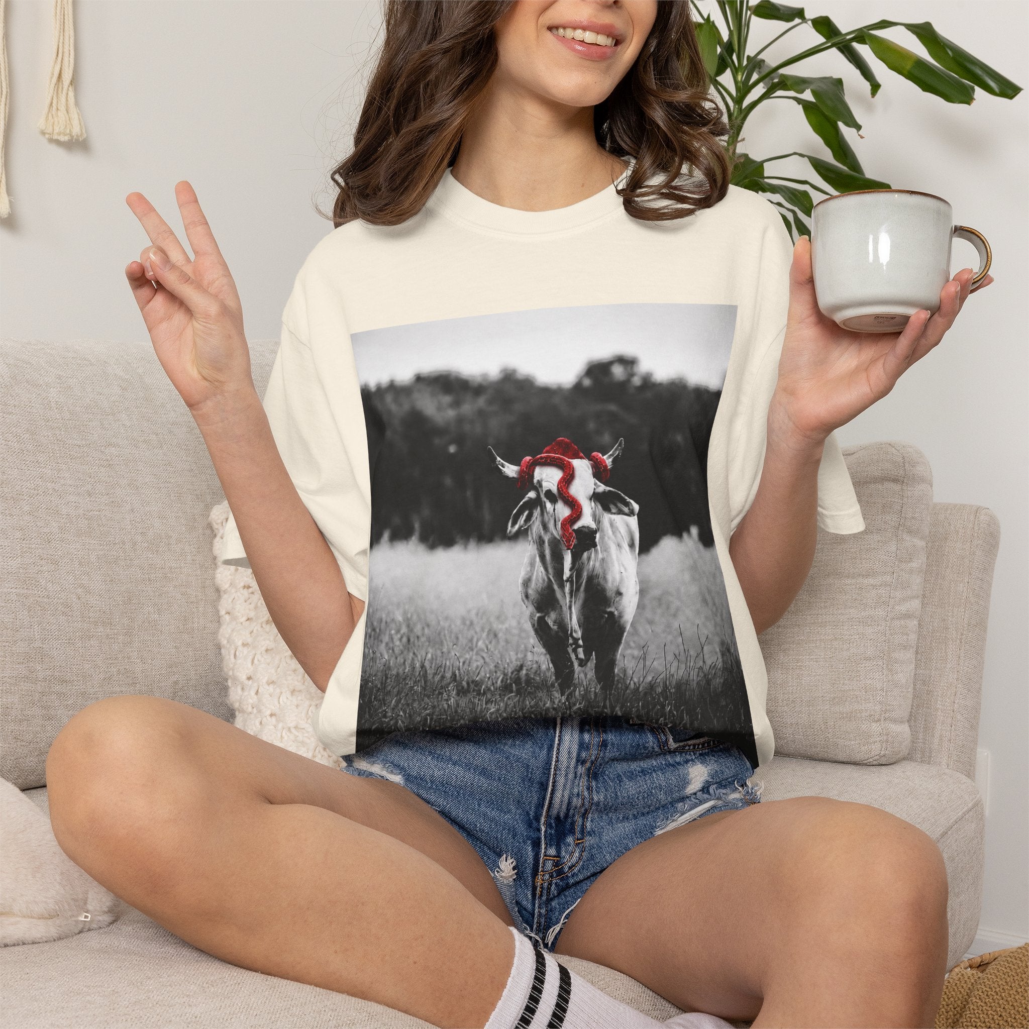 Cow Portrait T-Shirt — Black & White Grazing Cow Photo with Red Bandana