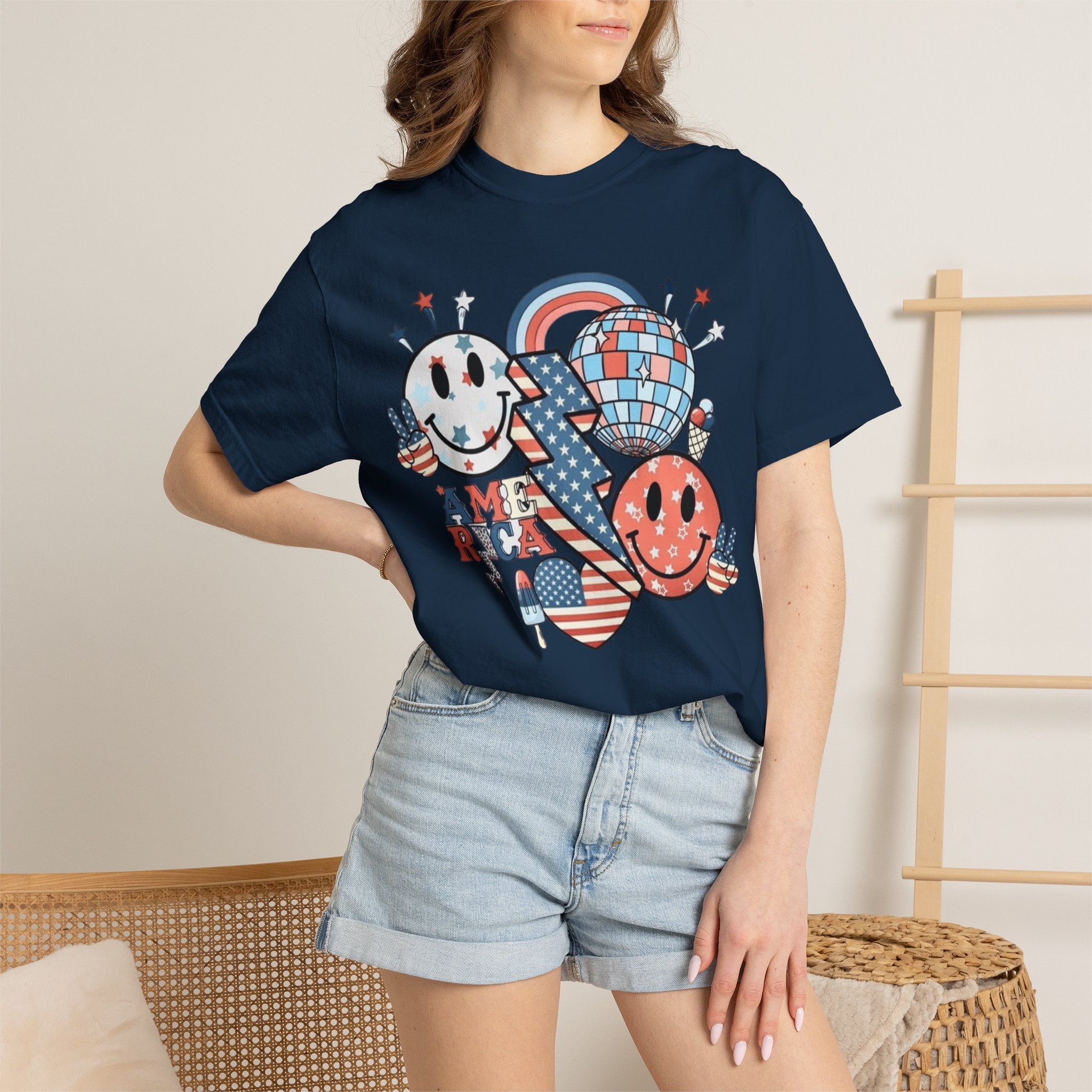 Patriotic Smiley Graphic T-Shirt — "America" Retro Red White Blue Tee