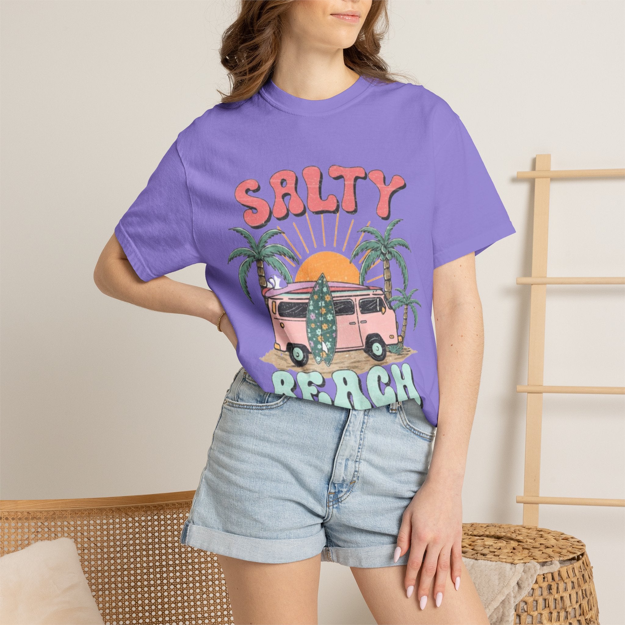 Salty Beach Surf Van T-Shirt — Retro Palm Tree Surfboard Graphic