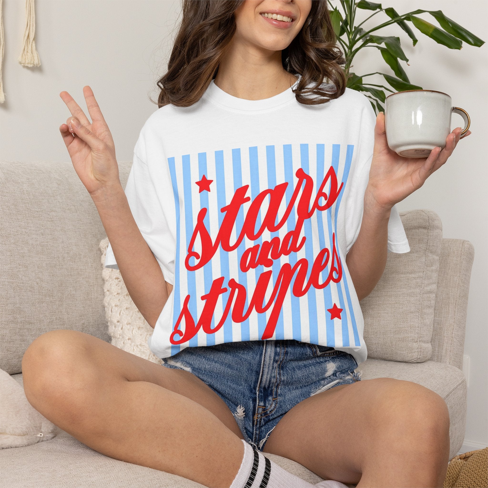 Stars and Stripes T-Shirt — Retro Red Script on Blue Stripe Graphic Tee