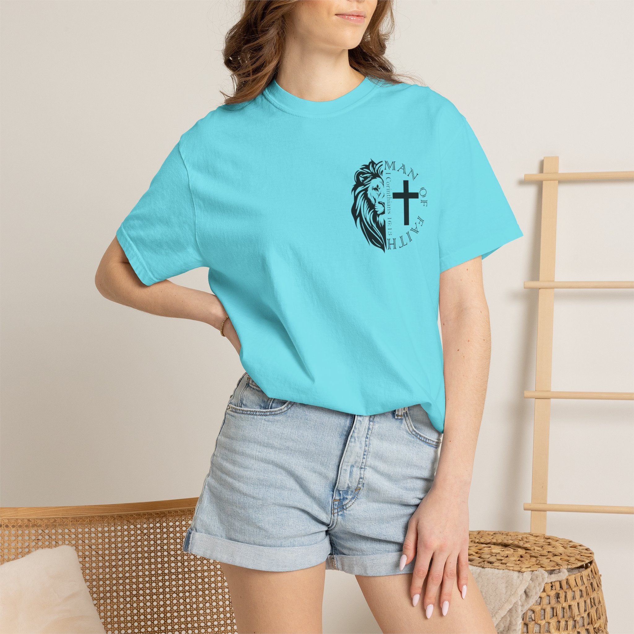 T-Shirt — "Man of Faith" Lion & Cross Christian Graphic Tee