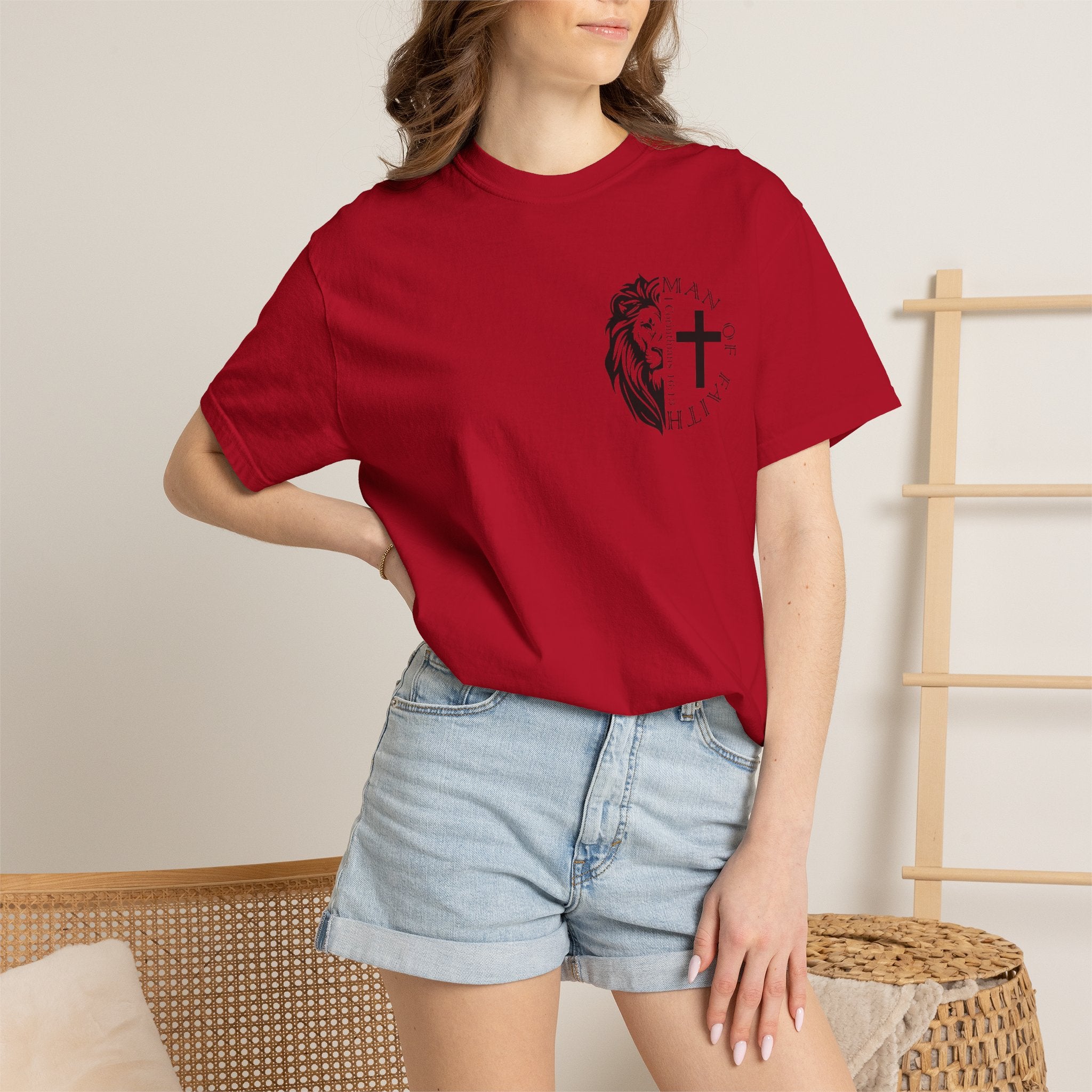 T-Shirt — "Man of Faith" Lion & Cross Christian Graphic Tee