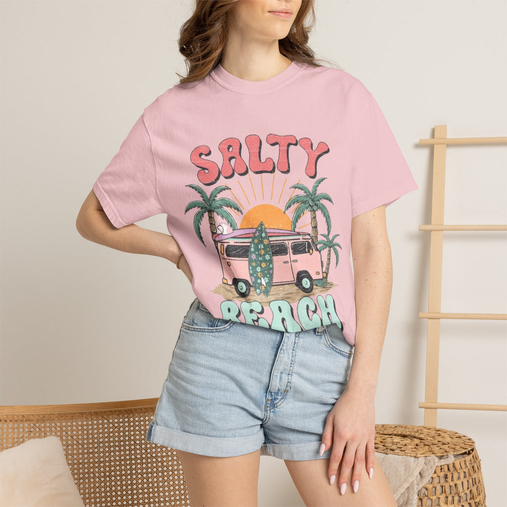 Salty Beach Surf Van T-Shirt — Retro Palm Tree Surfboard Graphic
