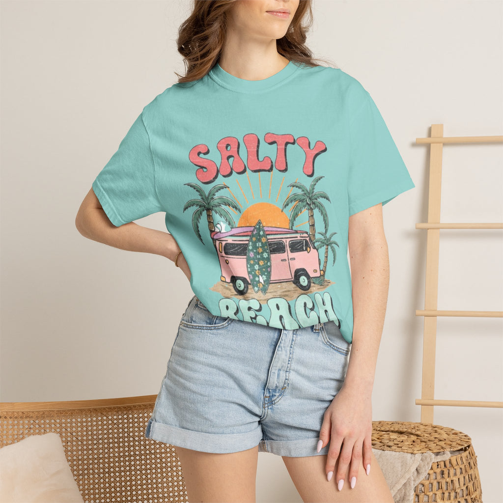 Salty Beach Surf Van T-Shirt — Retro Palm Tree Surfboard Graphic
