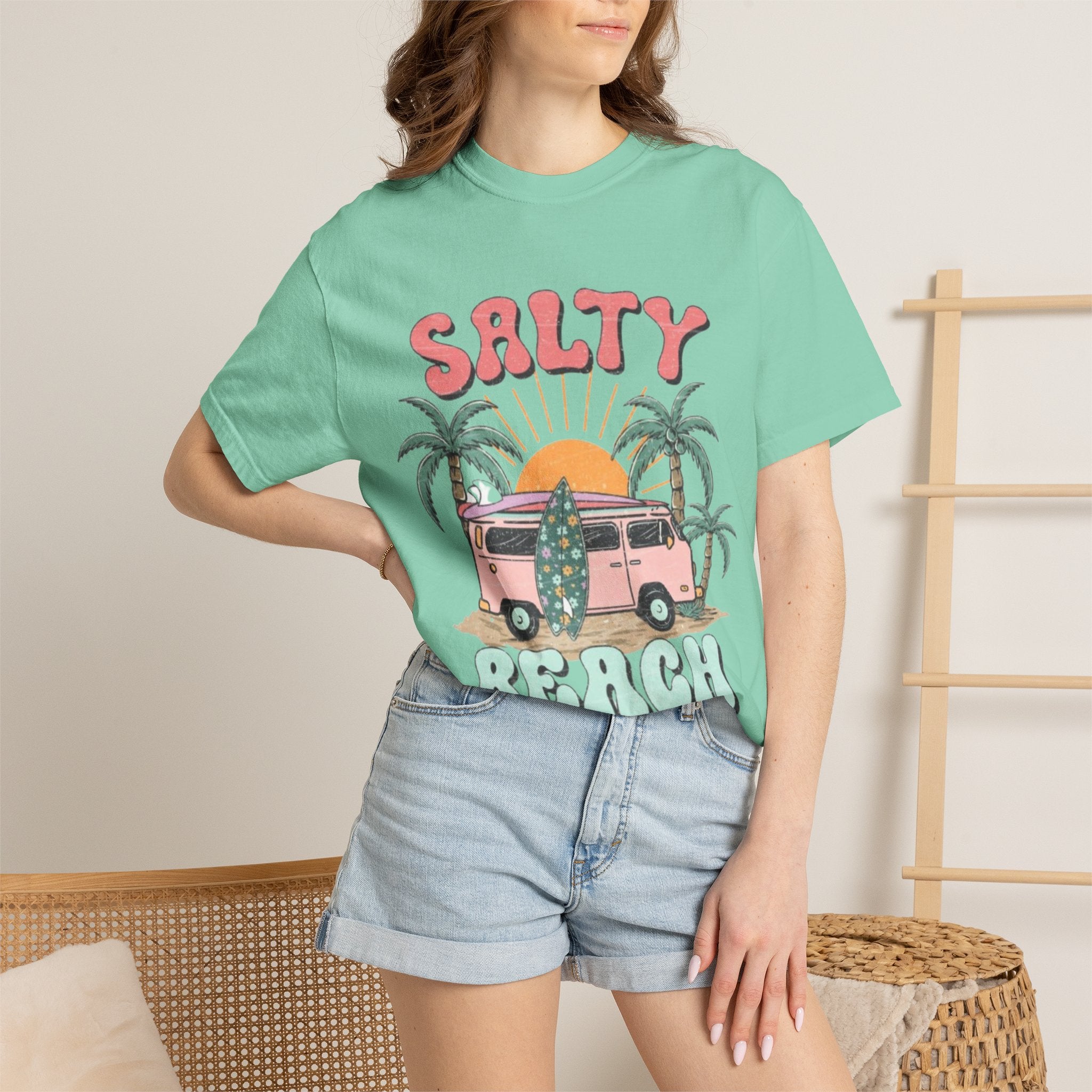 Salty Beach Surf Van T-Shirt — Retro Palm Tree Surfboard Graphic