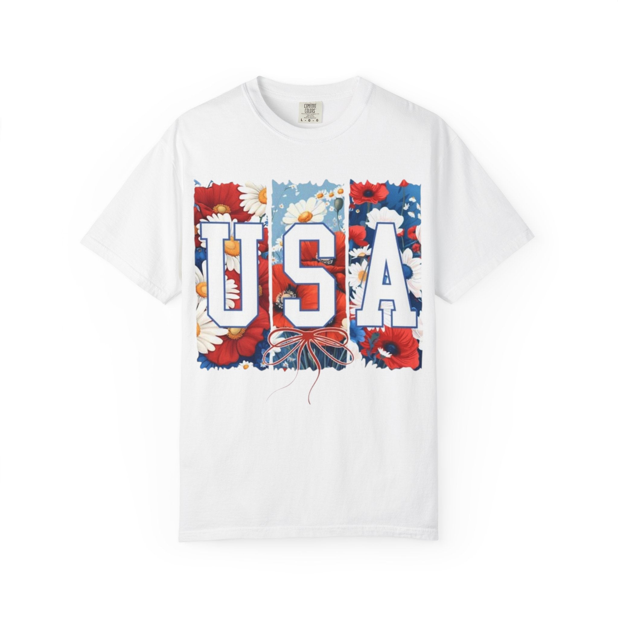 USA Floral T-Shirt — Patriotic Red White Blue Flower Graphic Tee