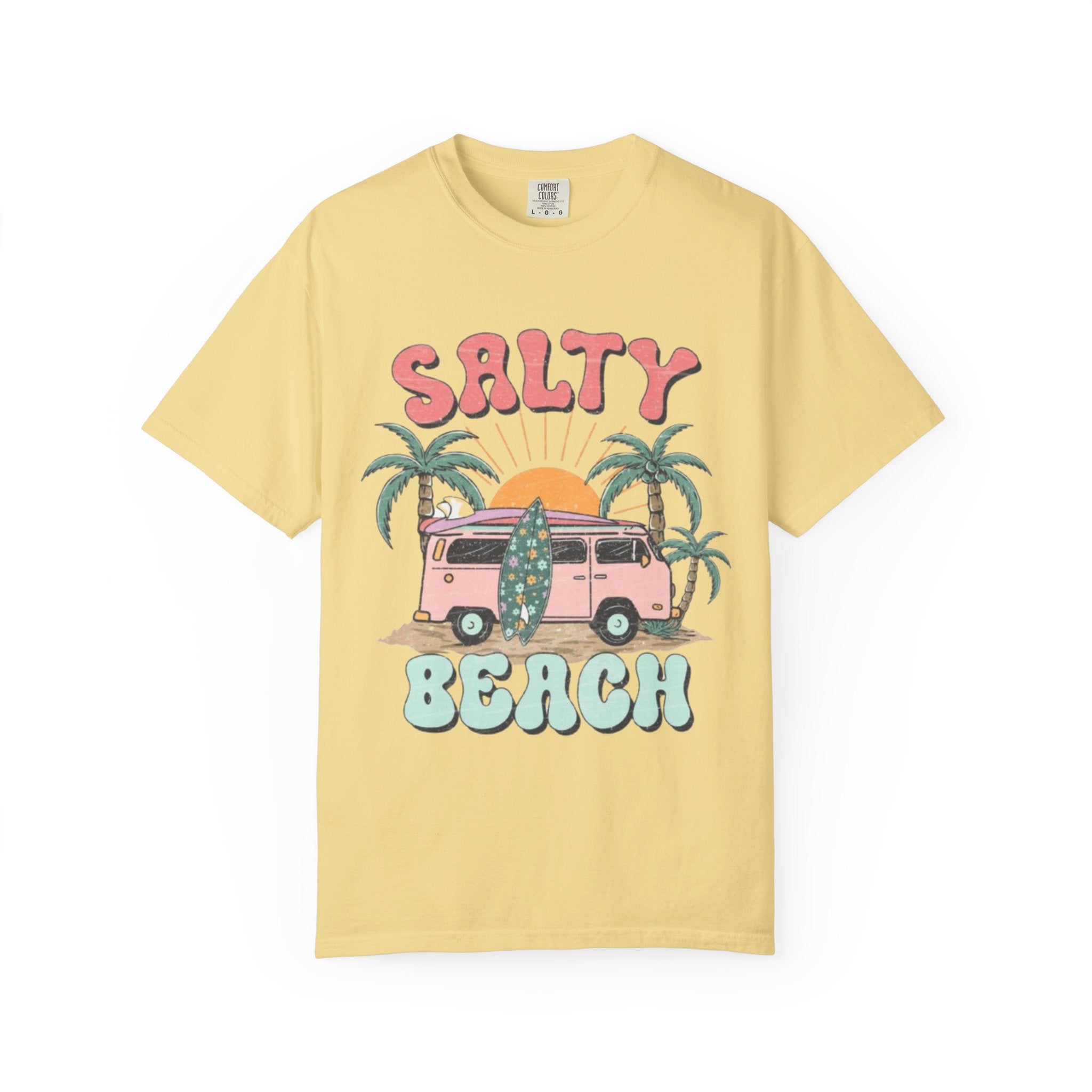 Salty Beach Surf Van T-Shirt — Retro Palm Tree Surfboard Graphic